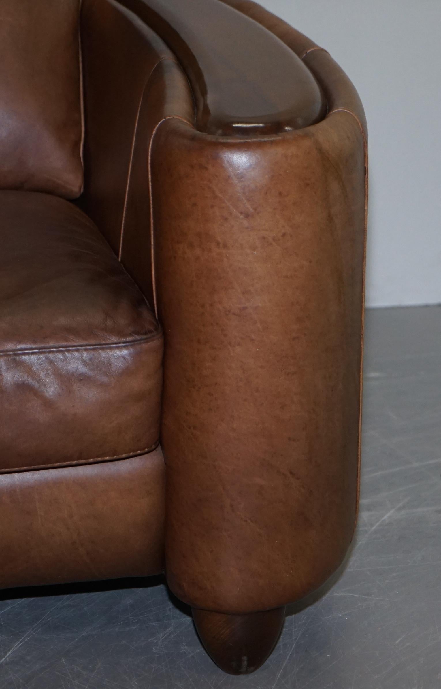 Pair of Contemporary Brown Leather Art Deco Style Club Armchairs Part of Suite 12