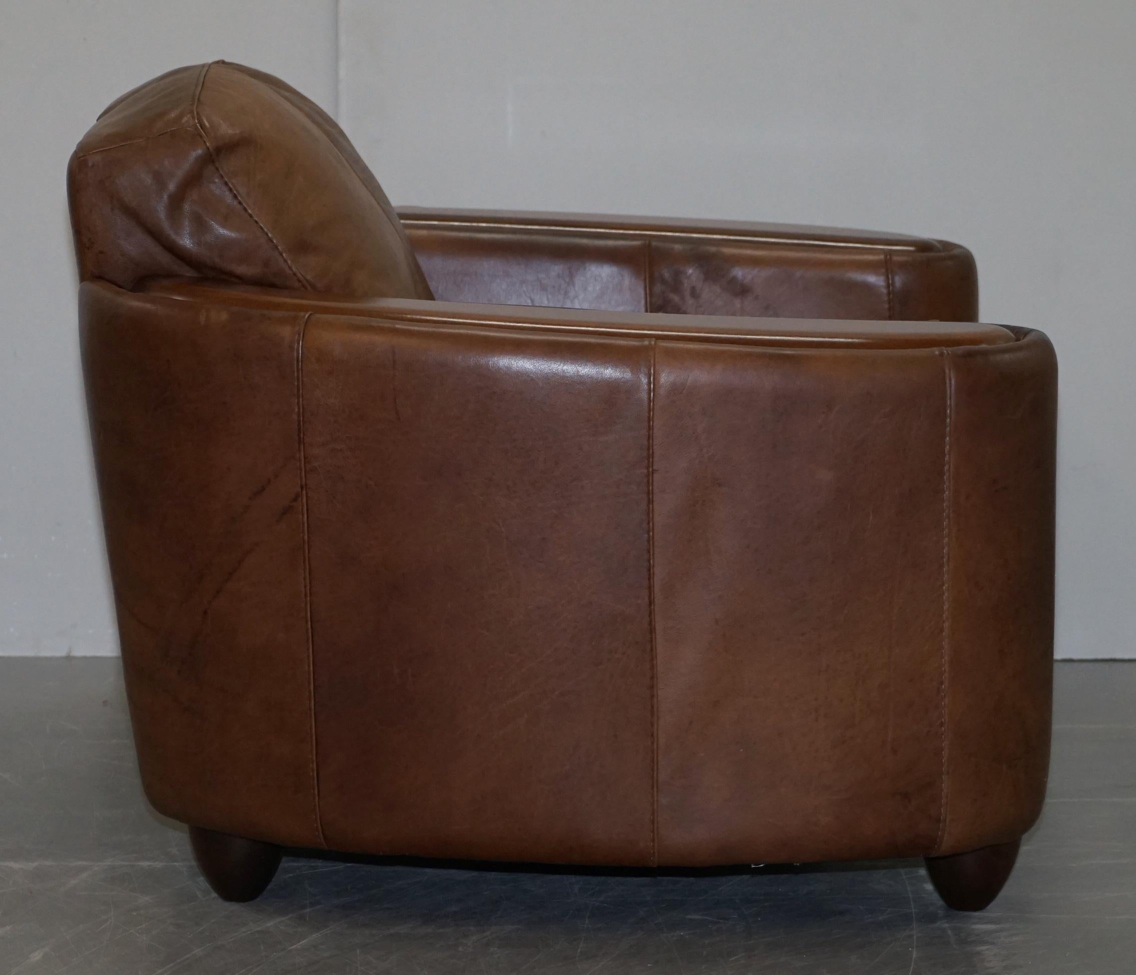 Pair of Contemporary Brown Leather Art Deco Style Club Armchairs Part of Suite 13