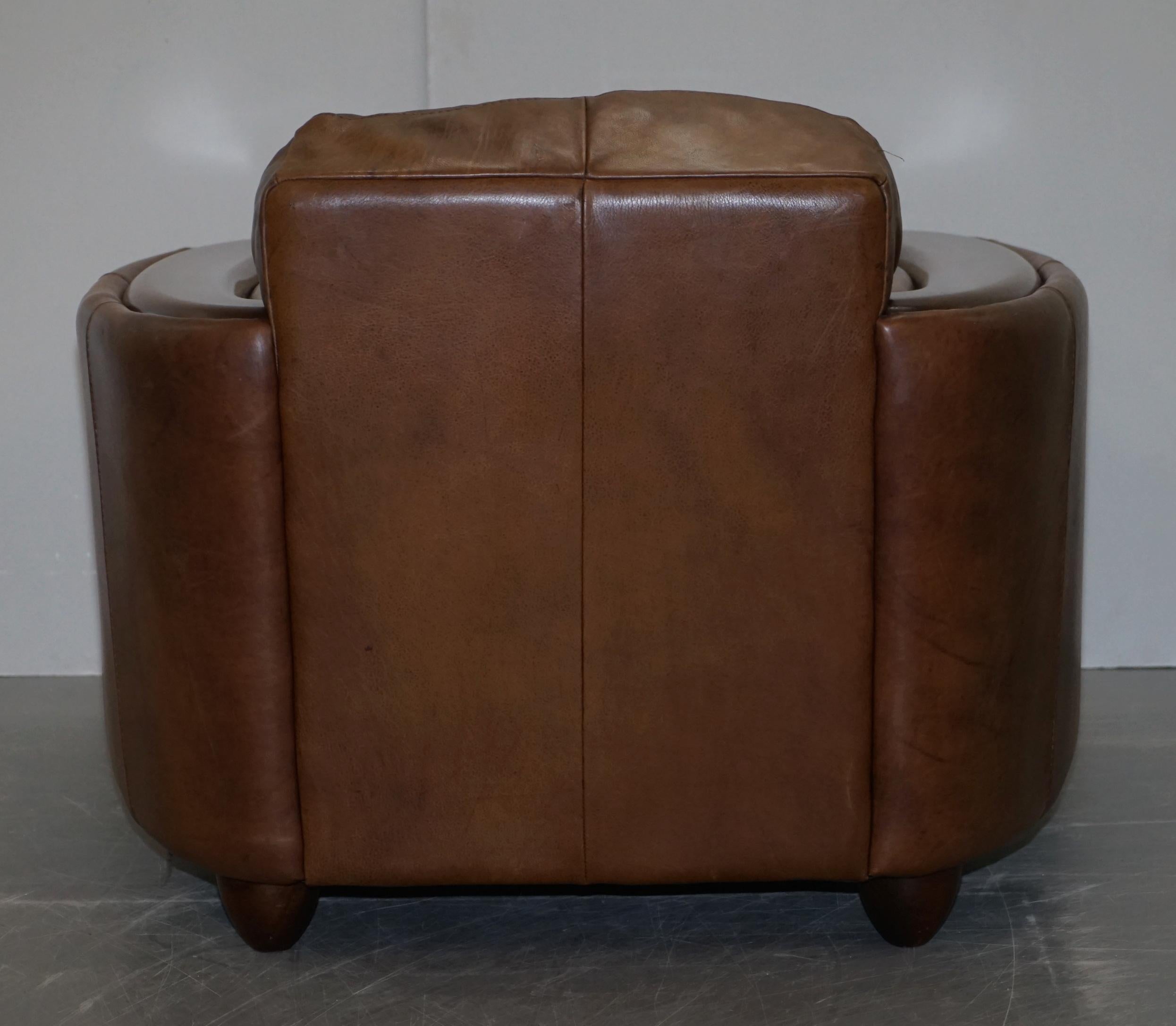 Pair of Contemporary Brown Leather Art Deco Style Club Armchairs Part of Suite 14
