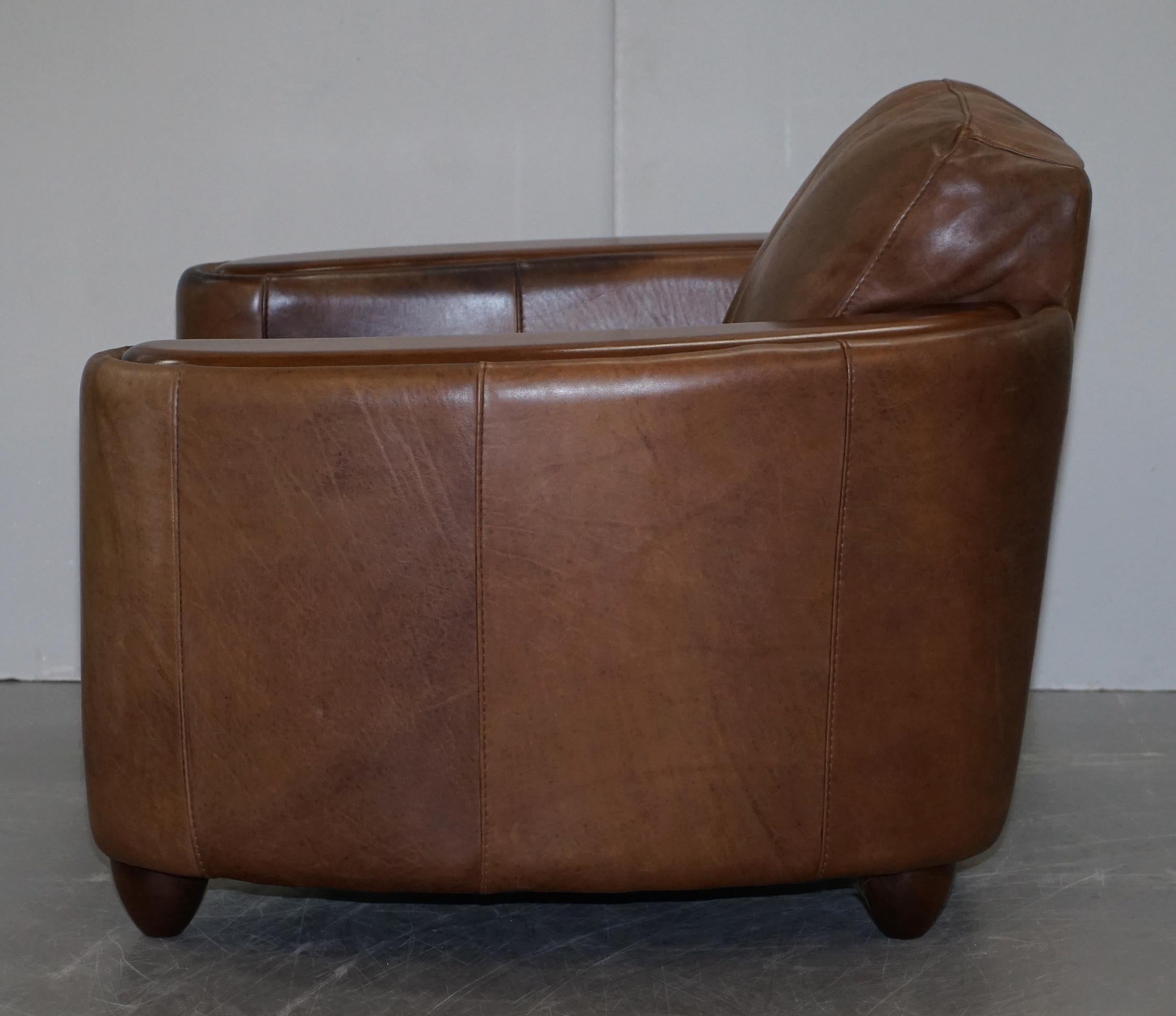 Pair of Contemporary Brown Leather Art Deco Style Club Armchairs Part of Suite 15