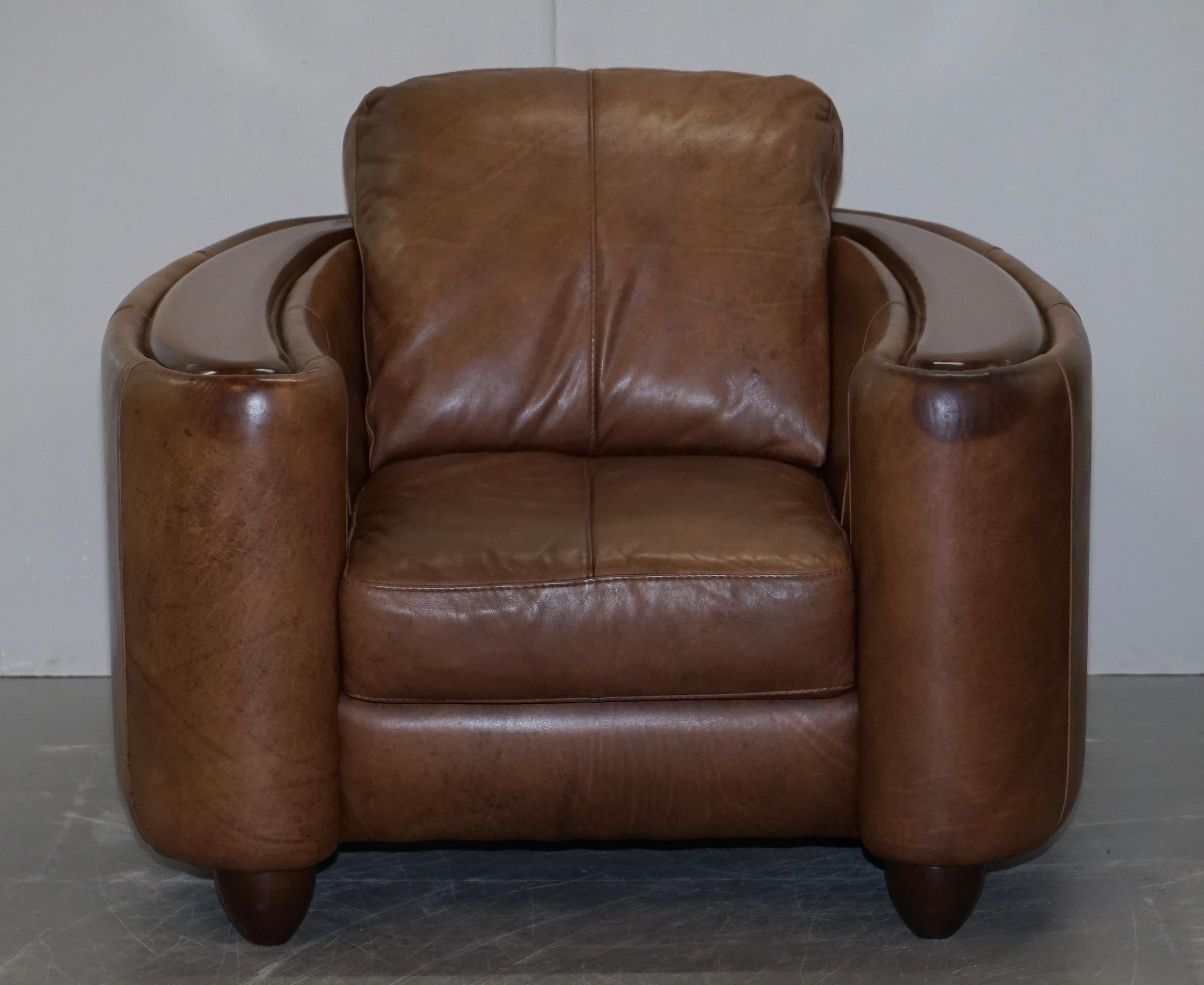 English Pair of Contemporary Brown Leather Art Deco Style Club Armchairs Part of Suite