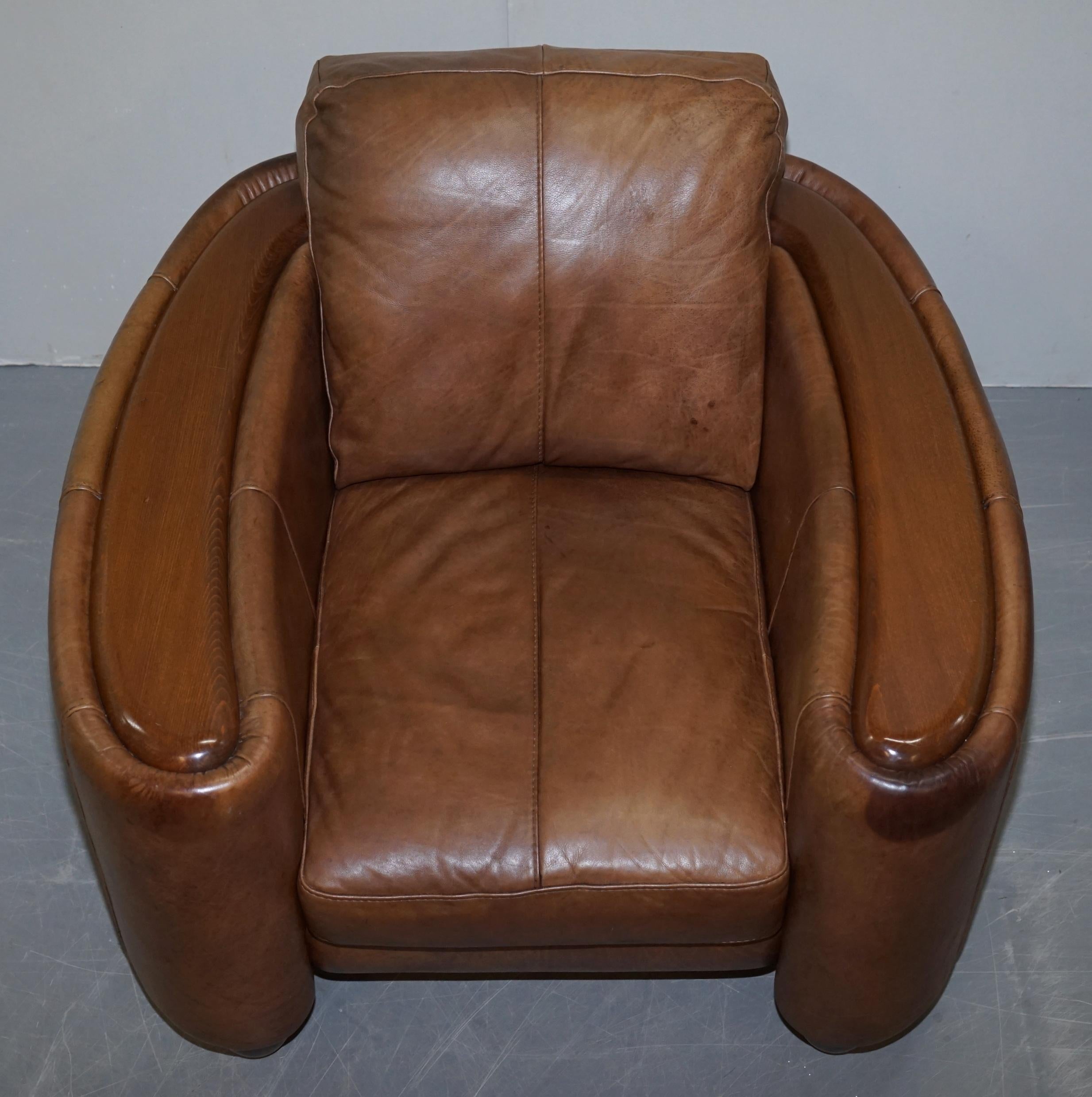 Hand-Crafted Pair of Contemporary Brown Leather Art Deco Style Club Armchairs Part of Suite