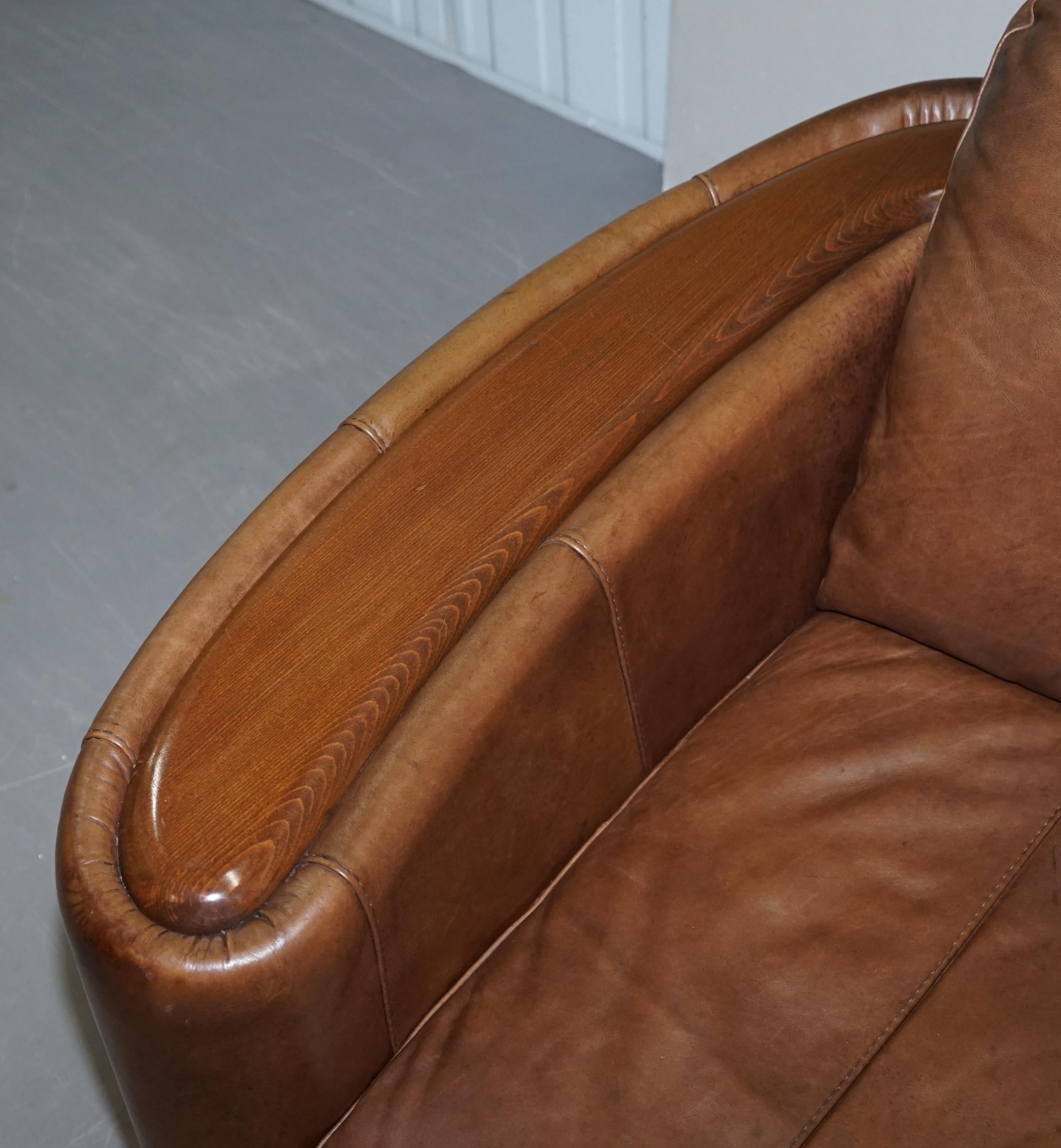 20th Century Pair of Contemporary Brown Leather Art Deco Style Club Armchairs Part of Suite
