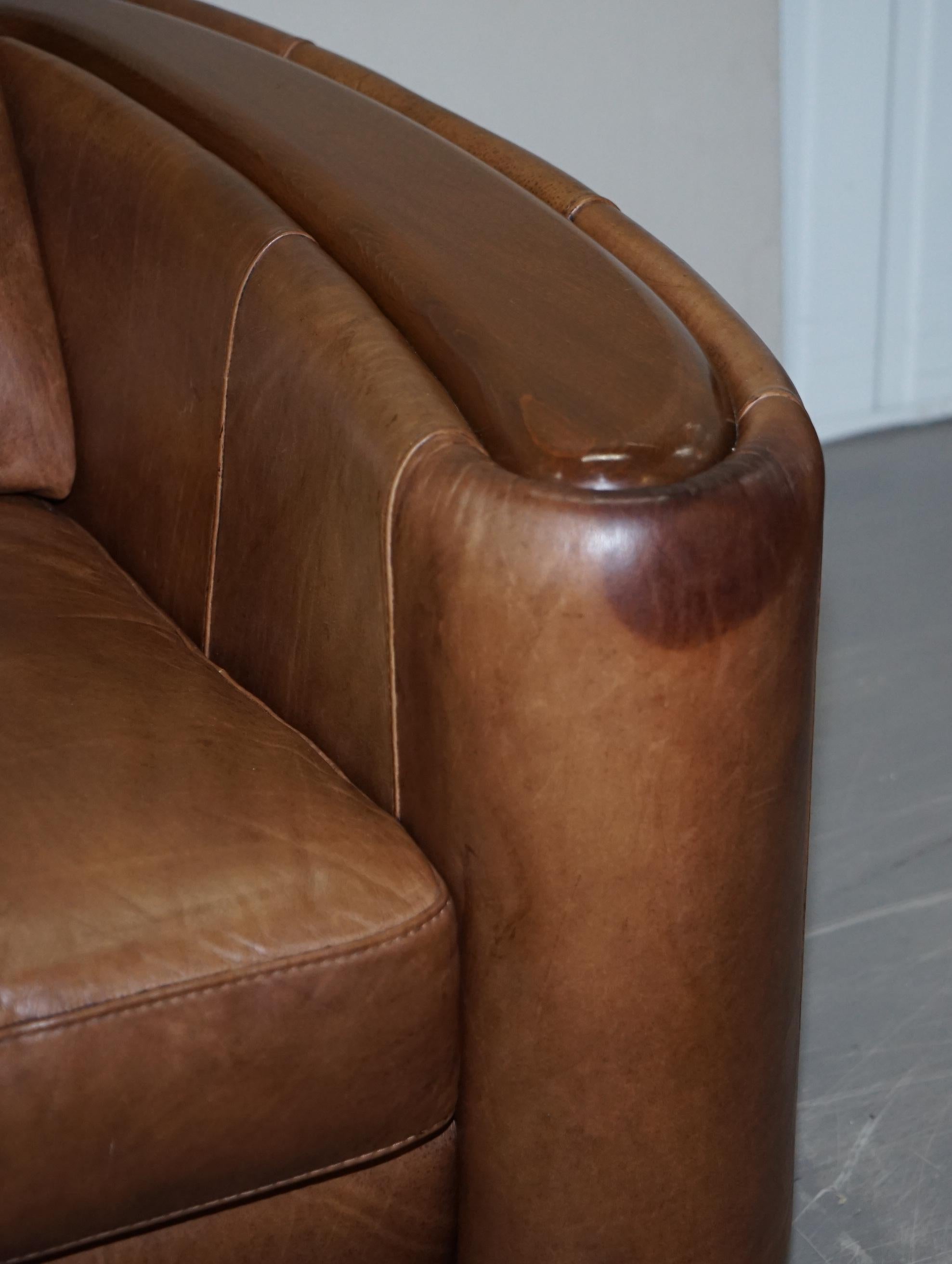 Pair of Contemporary Brown Leather Art Deco Style Club Armchairs Part of Suite 1