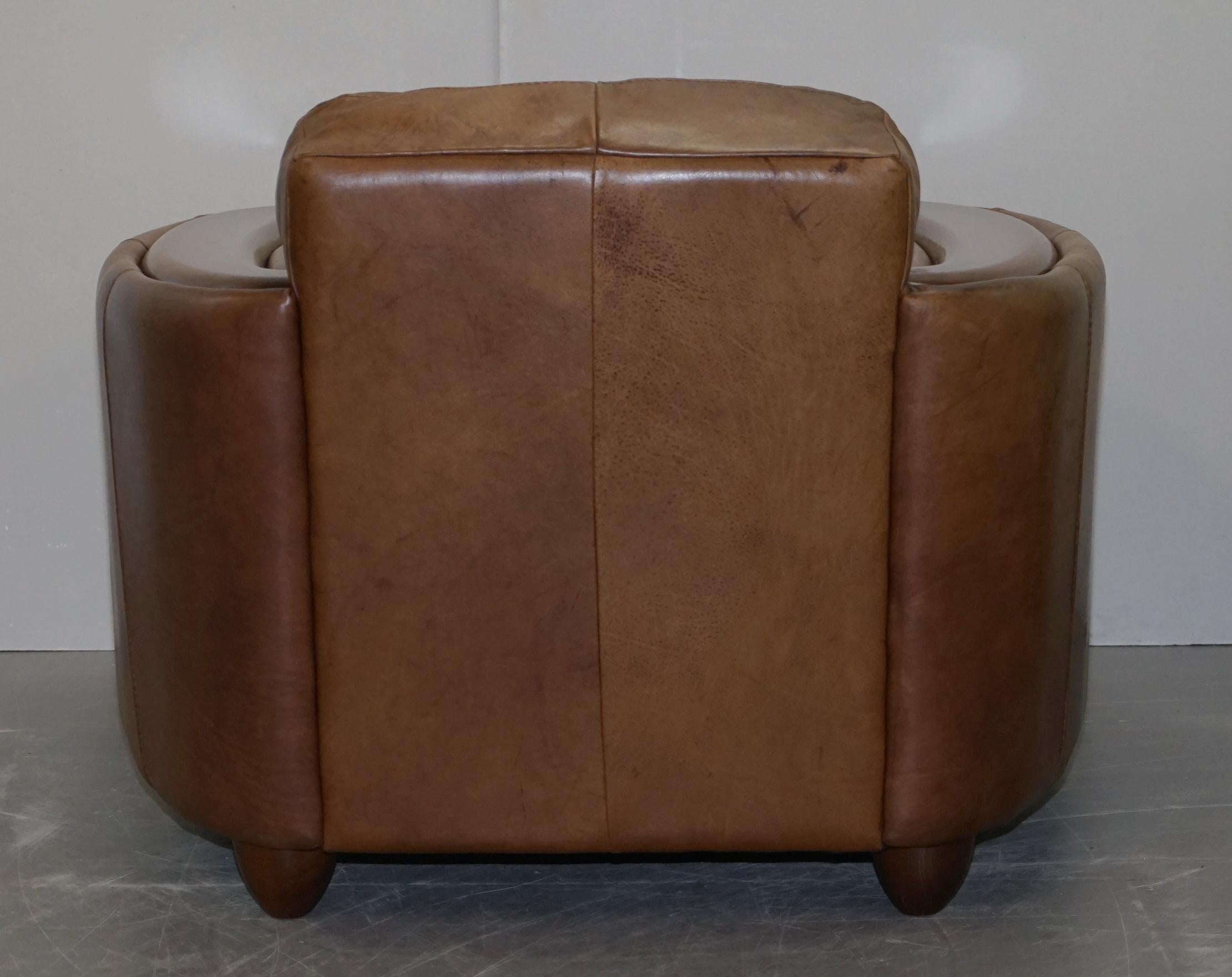 Pair of Contemporary Brown Leather Art Deco Style Club Armchairs Part of Suite 3