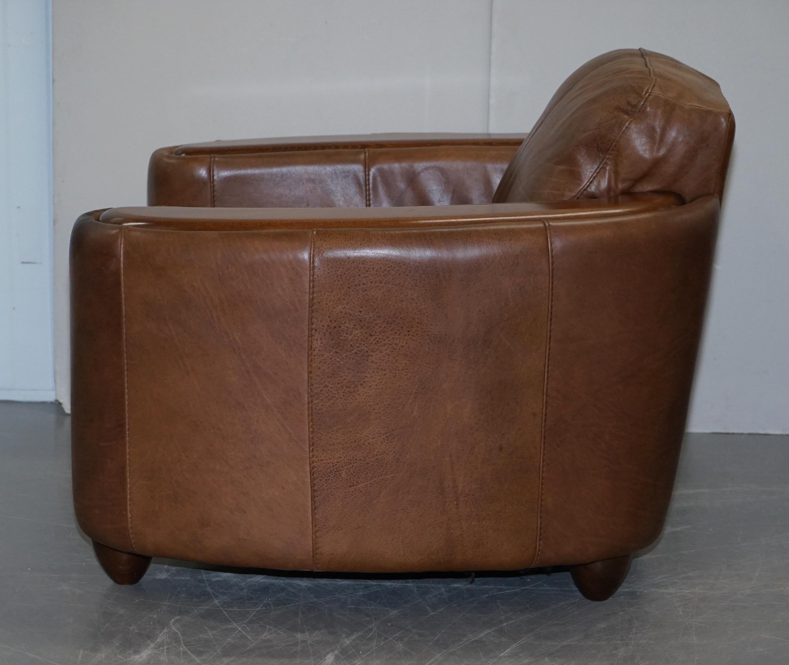 Pair of Contemporary Brown Leather Art Deco Style Club Armchairs Part of Suite 4