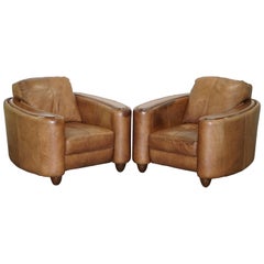 Pair of Contemporary Brown Leather Art Deco Style Club Armchairs Part of Suite