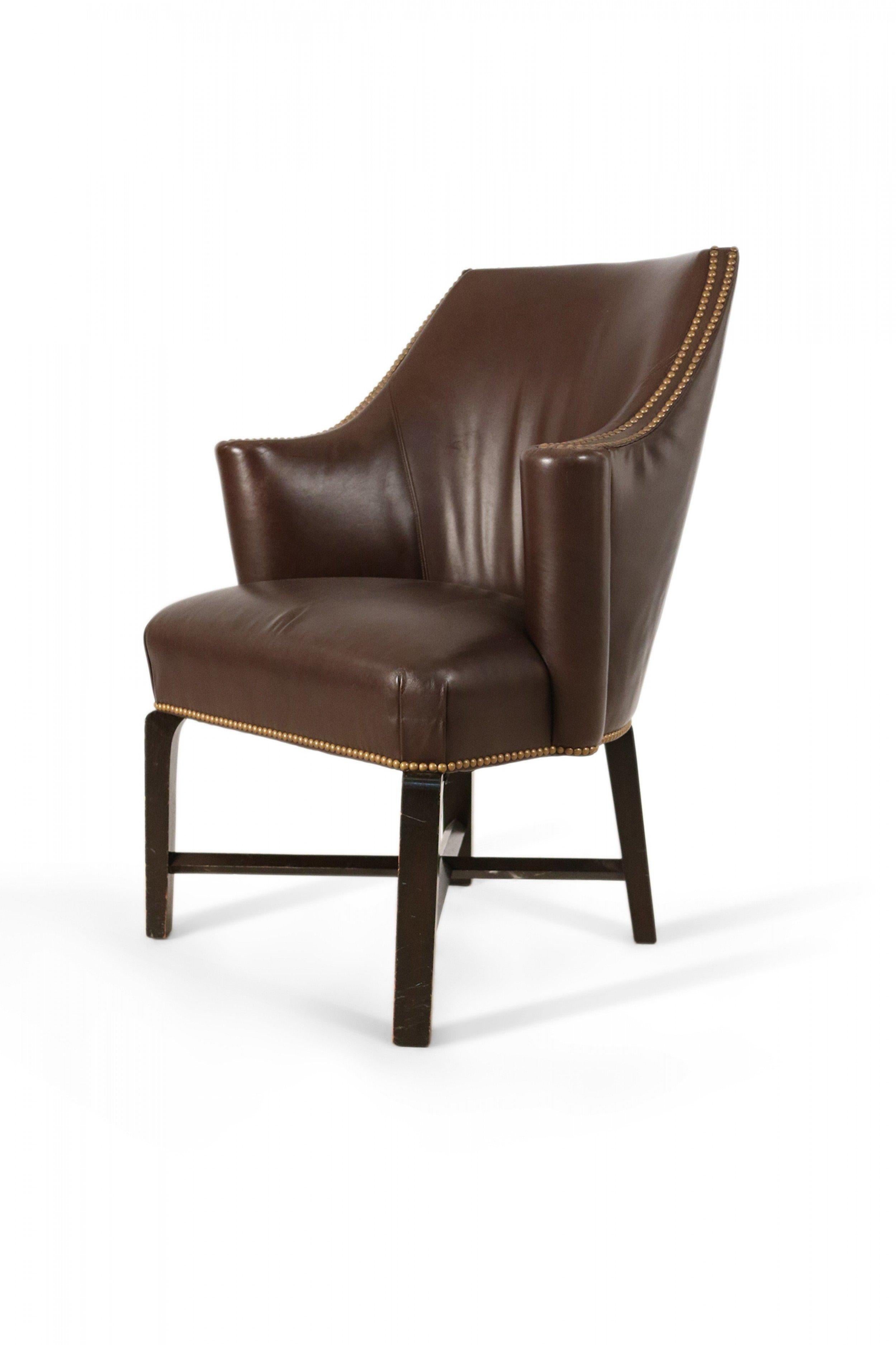 Modern Pair of Contemporary Brown Leather Rounded Back Club / Armchairs For Sale