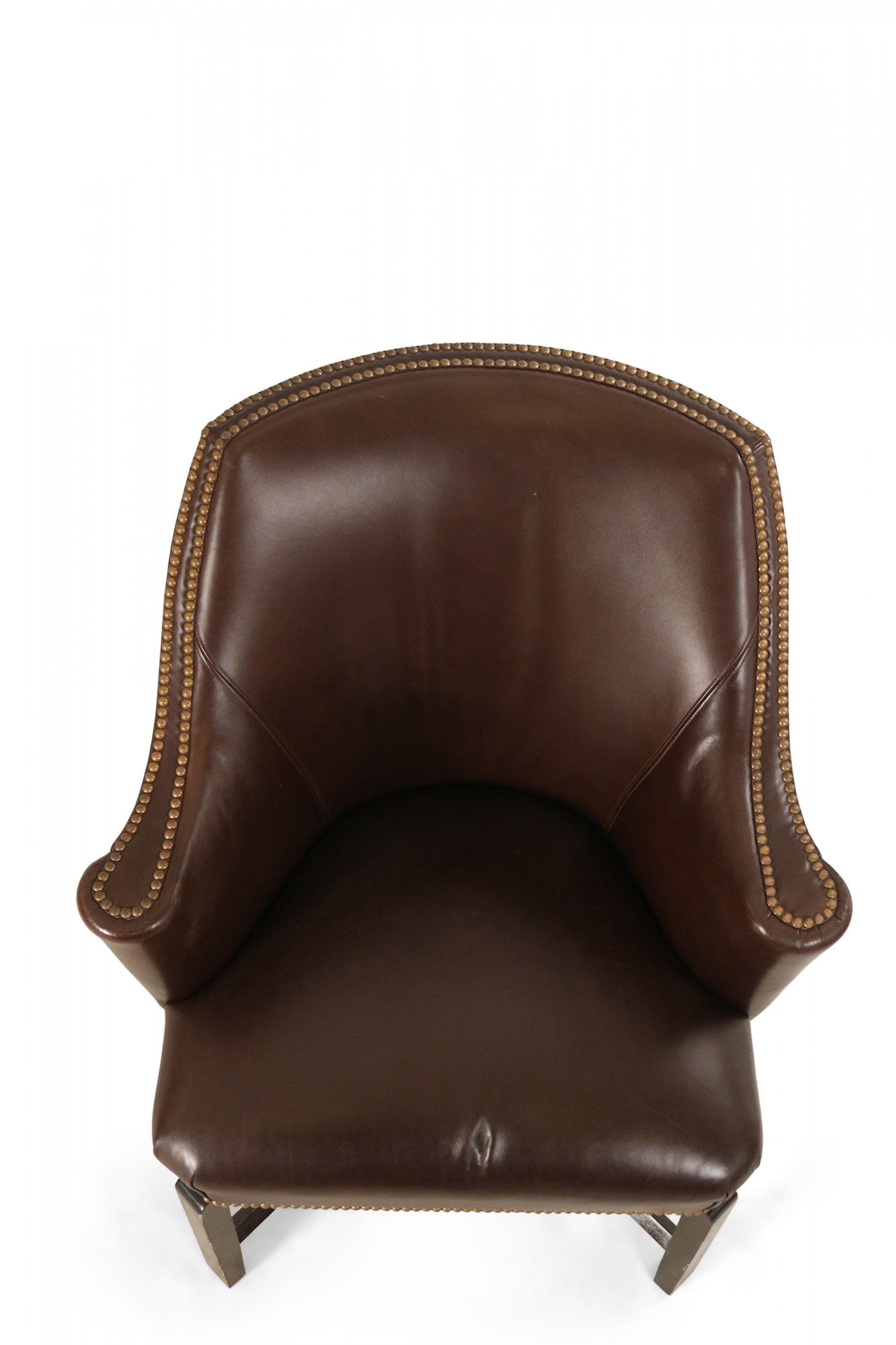 American Pair of Contemporary Brown Leather Rounded Back Club / Armchairs For Sale
