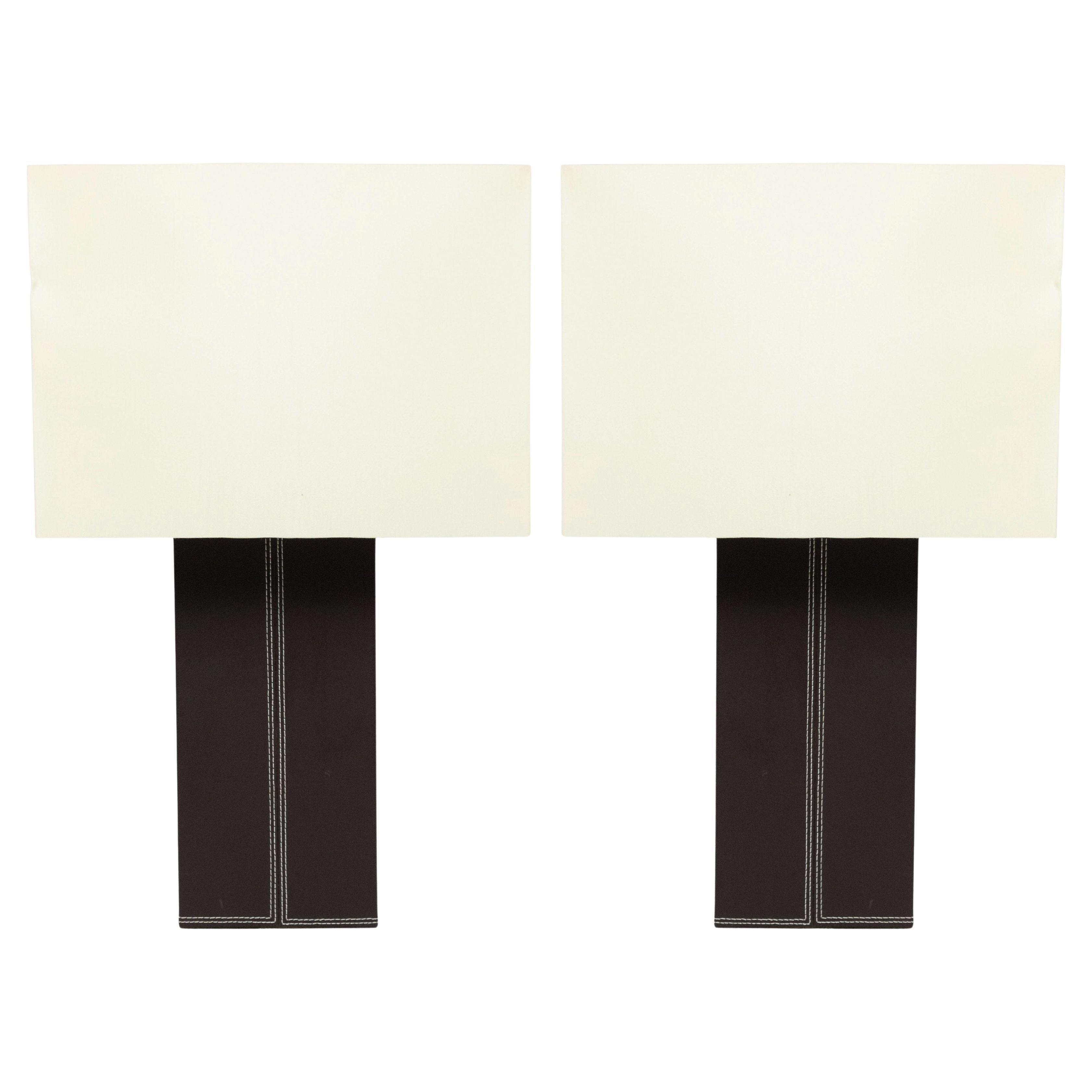 Pair of Contemporary Brown Leather Table Lamps