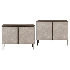 Pair of Contemporary Cabinets in Limed Oak, Patterned Fabric and Oxidized Brass