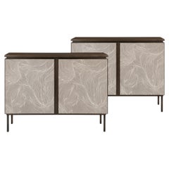 Pair of Contemporary Cabinets in Limed Oak, Patterned Fabric and Oxidized Brass