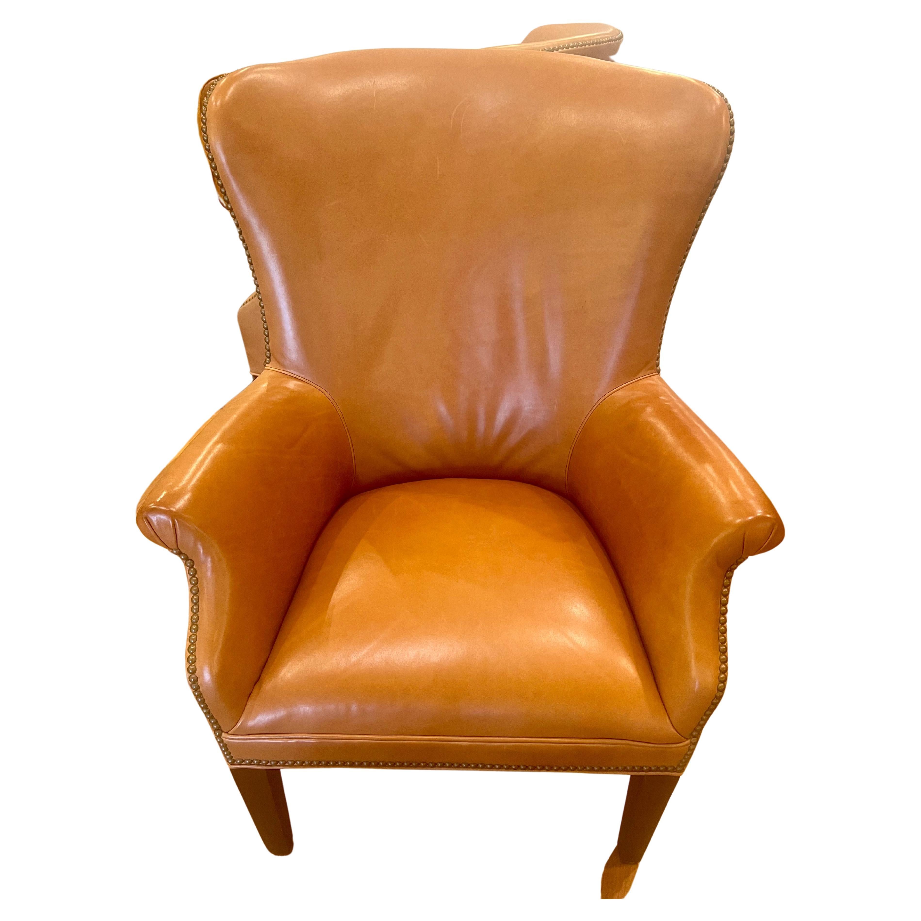 American Classical Pair of Contemporary Caramel Leather Wingback Armchairs by Williams Sonoma