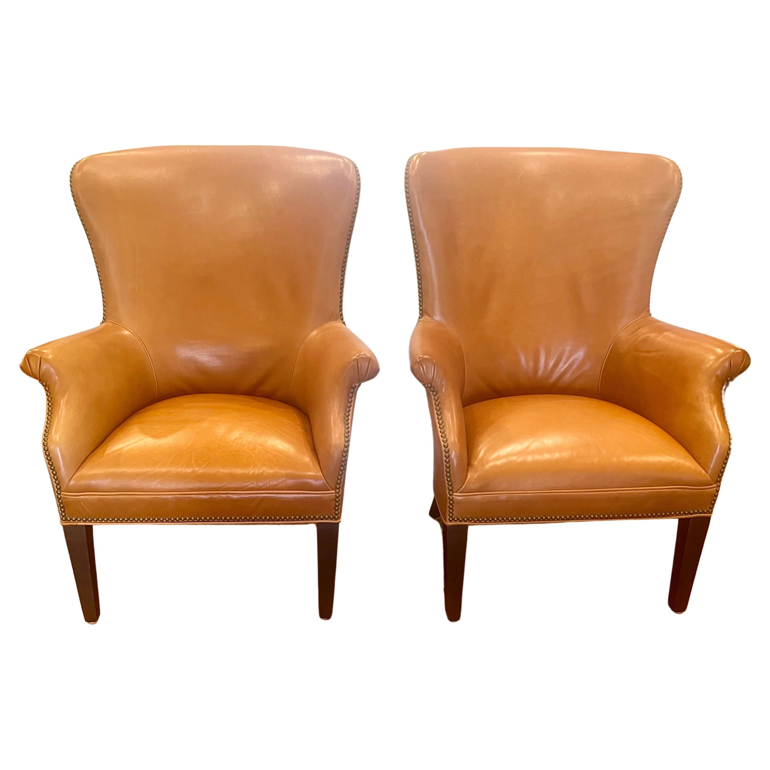 American Pair of Contemporary Caramel Leather Wingback Armchairs by Williams Sonoma