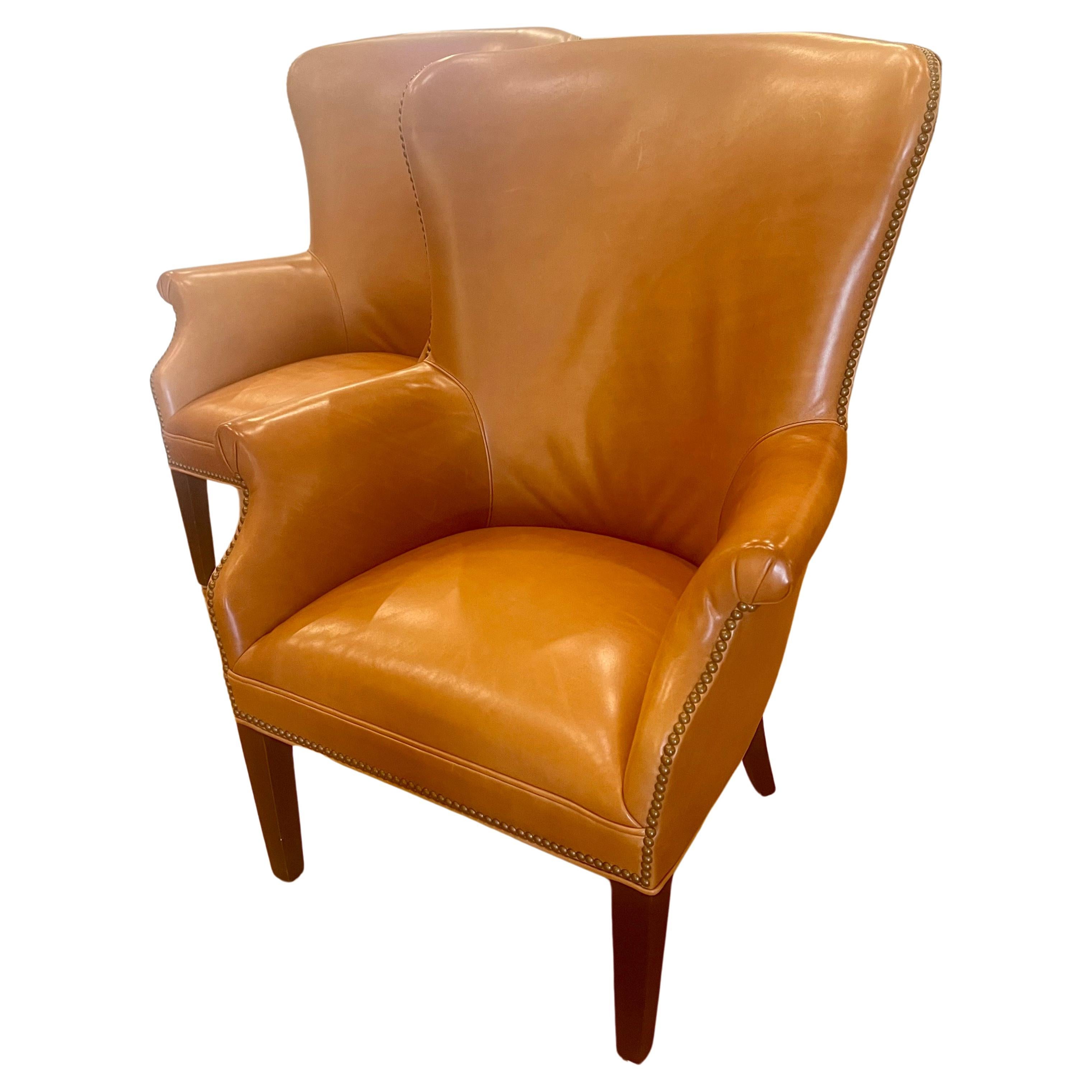 Pair of Contemporary Caramel Leather Wingback Armchairs by Williams Sonoma In Good Condition In San Diego, CA