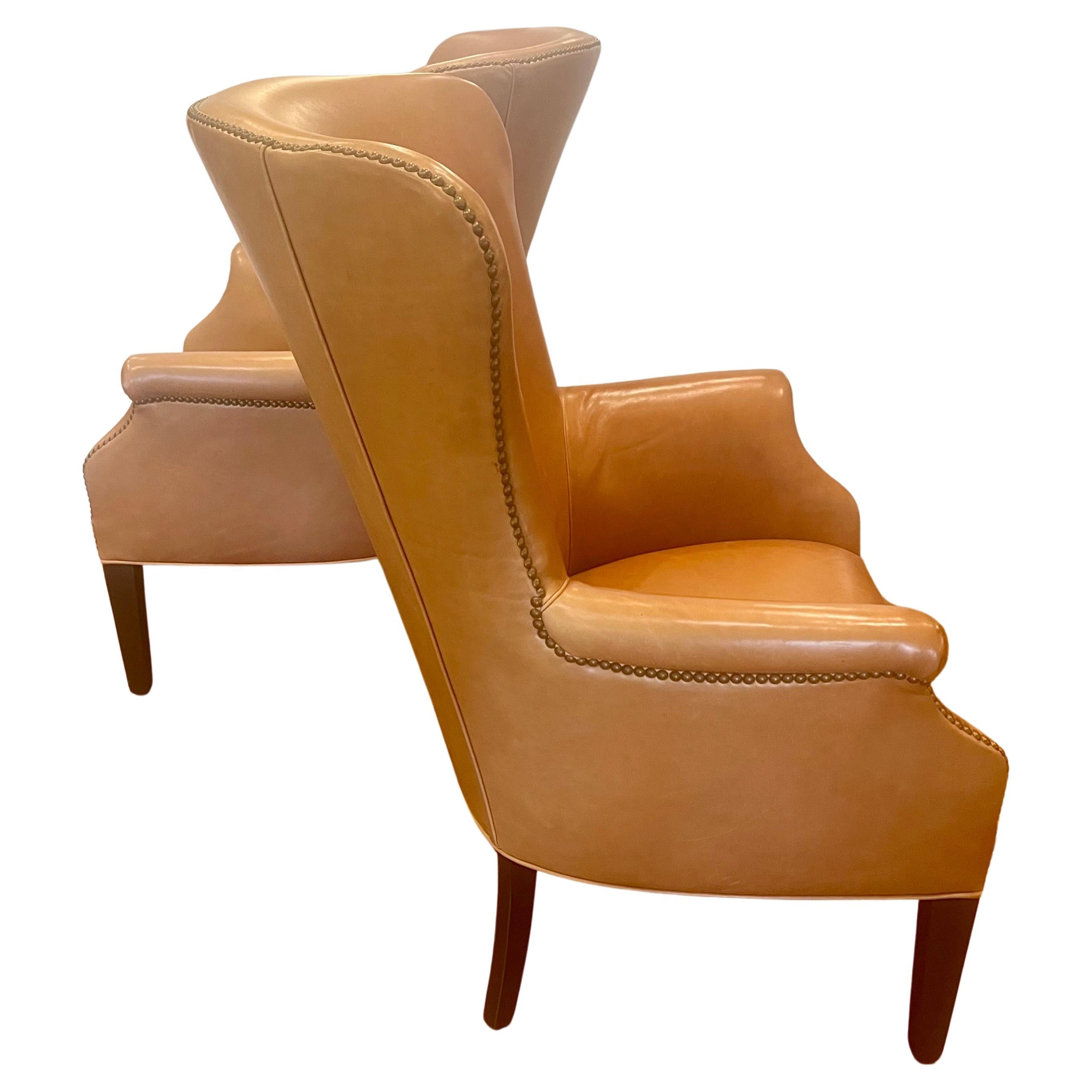 Pair of Contemporary Caramel Leather Wingback Armchairs by Williams Sonoma