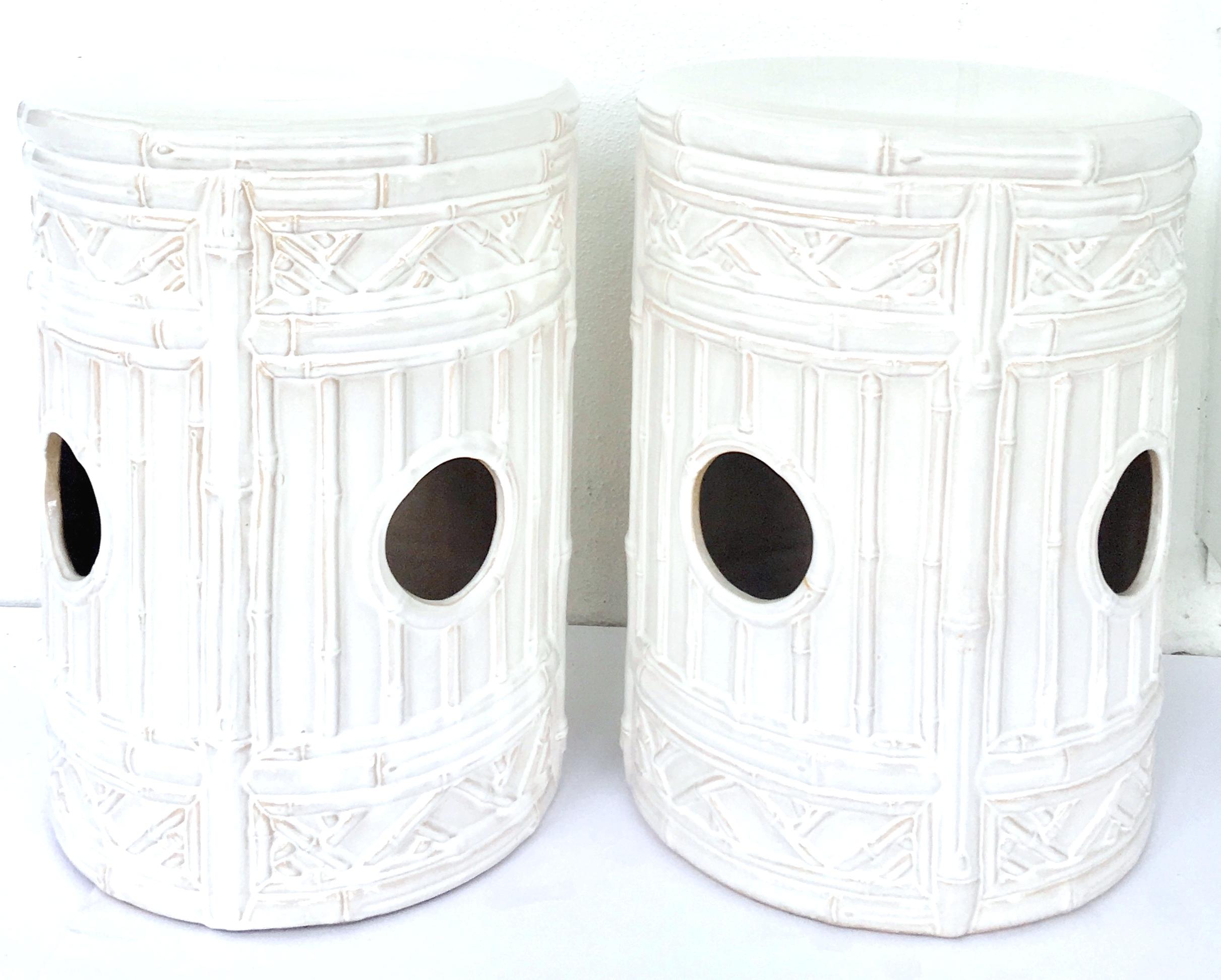 Hollywood Regency 21st Century Pair Of Ceramic Glaze Faux Bamboo Garden Stools