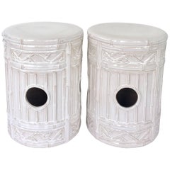 21st Century Pair Of Ceramic Glaze Faux Bamboo Garden Stools