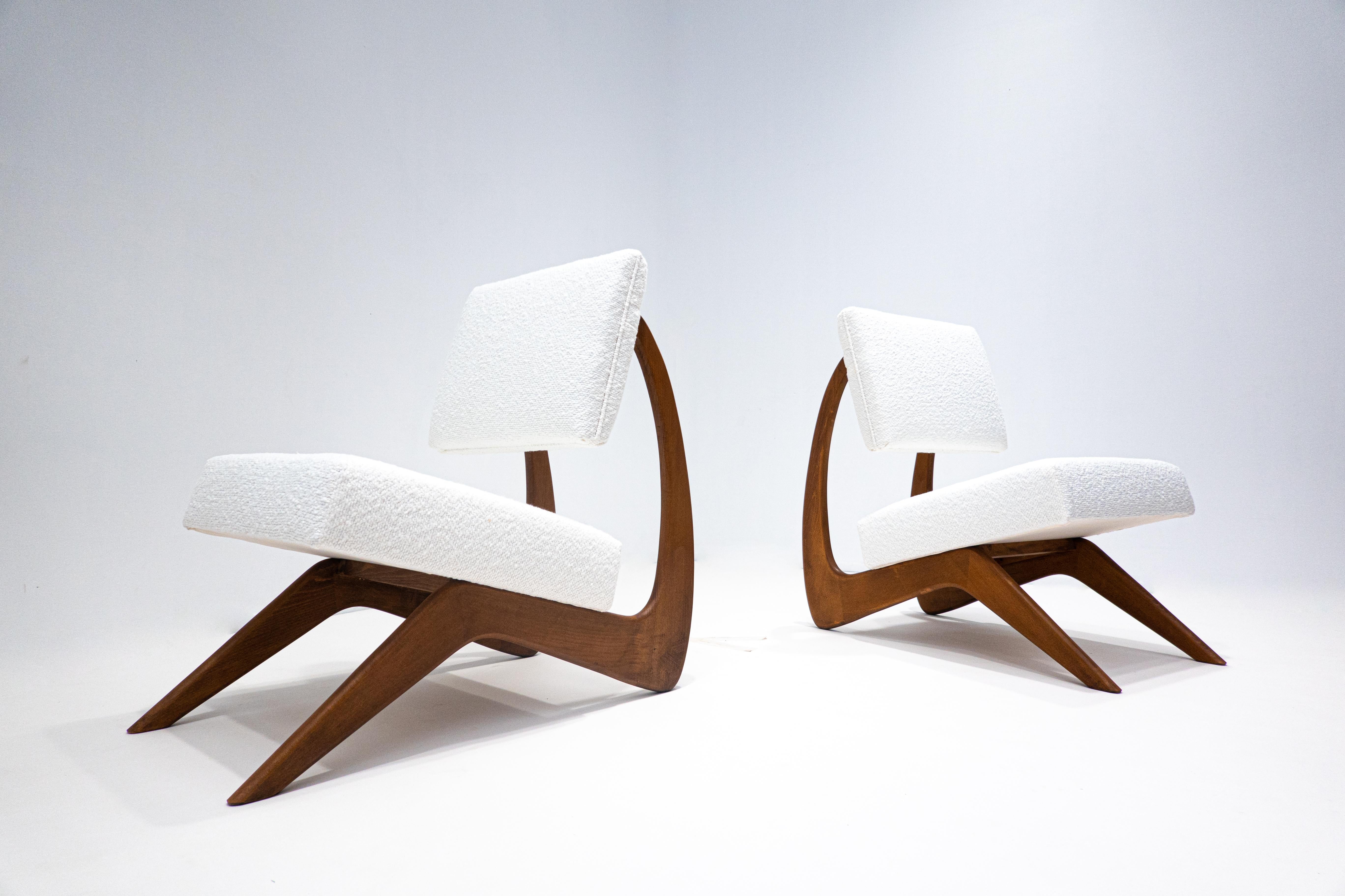 Italian Pair of Contemporary Chairs, White Bouclette and Wood, Italy For Sale