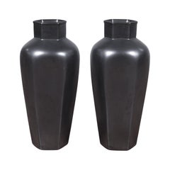 Pair of Contemporary Chinese Cobalt Grey Tapering Vases with Hexagonal Necks