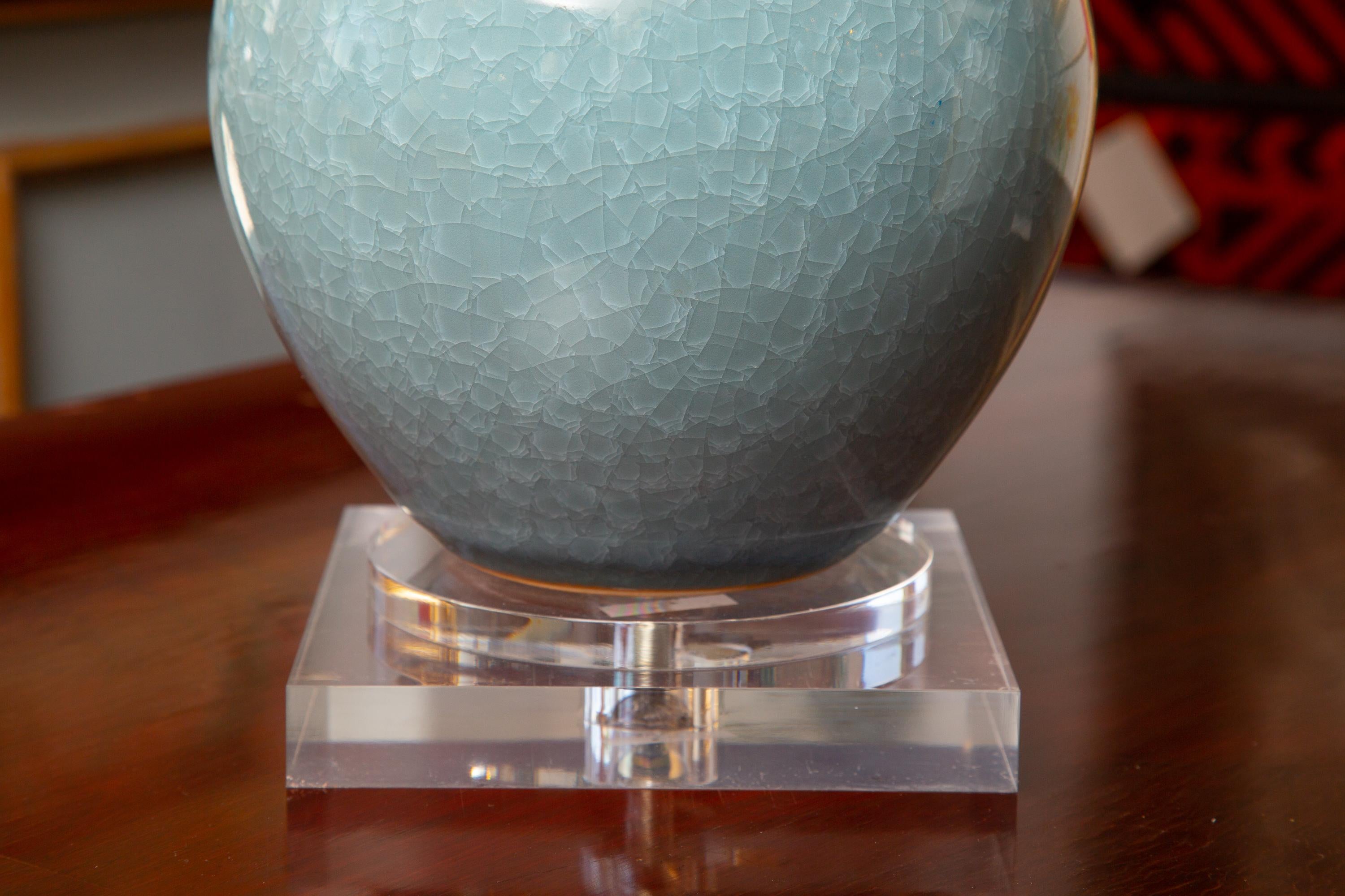 Plexiglass Pair of Contemporary Chinese Dark Celadon Vases as Table Lamps