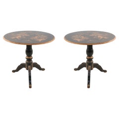 Pair of Contemporary Chinese Hand Painted Black and Gold Center Tables