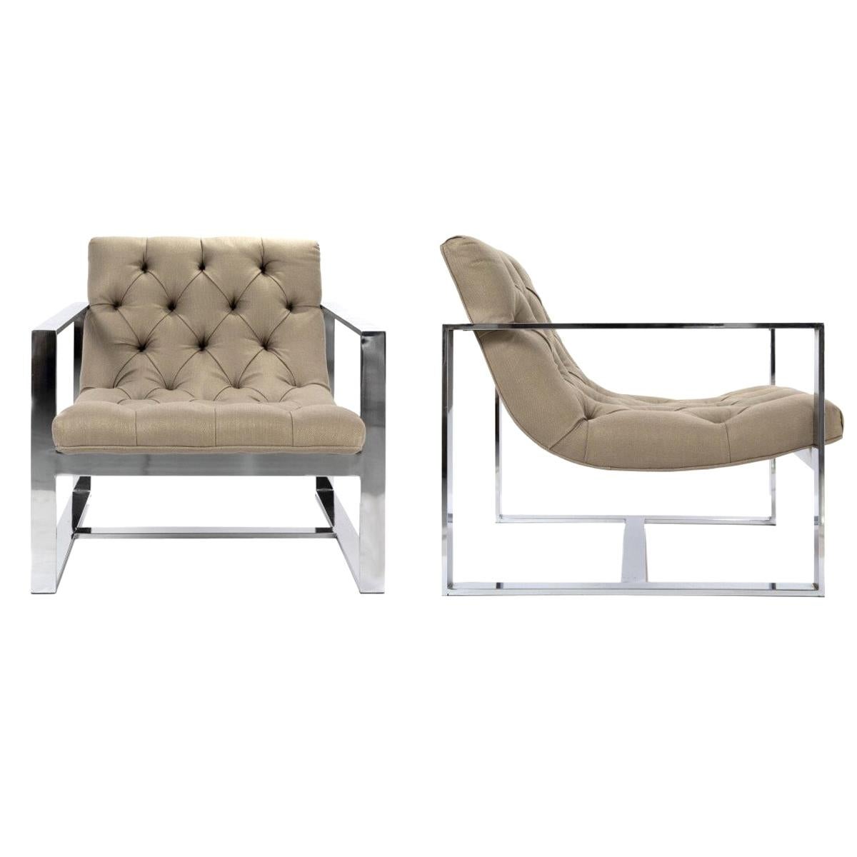 Pair of Contemporary Chrome Armchairs in Taupe Tufted Upholstery