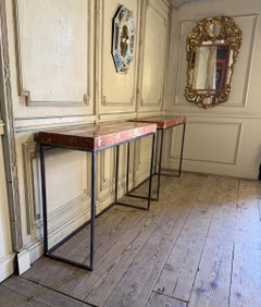 Pair of contemporary consoles in marble and metal