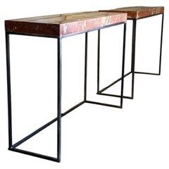 Pair of contemporary consoles in marble and metal