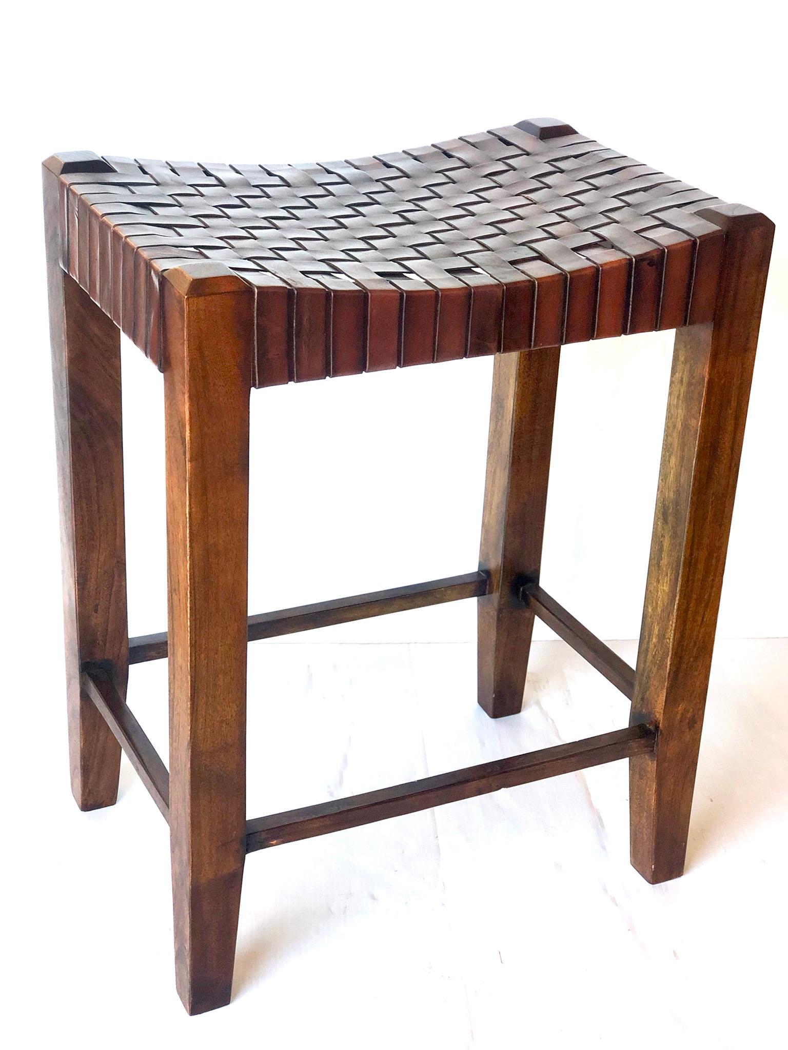 Mid-Century Modern Pair of Contemporary Counter Stools in Leather Straps and Walnut Solid Frame