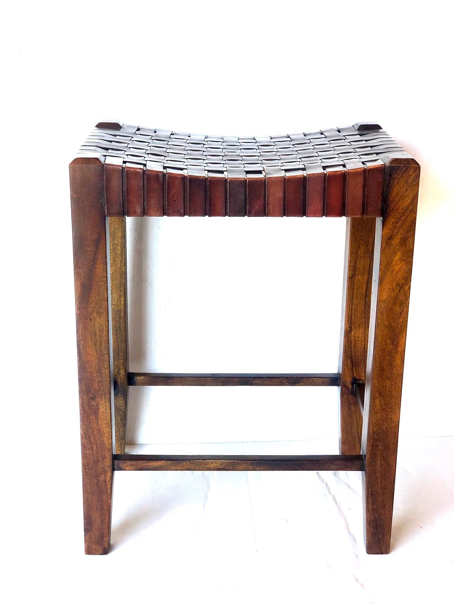 American Pair of Contemporary Counter Stools in Leather Straps and Walnut Solid Frame