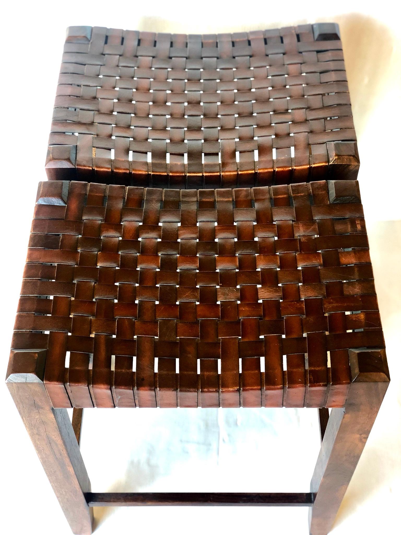 20th Century Pair of Contemporary Counter Stools in Leather Straps and Walnut Solid Frame
