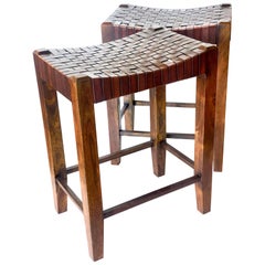 Pair of Contemporary Counter Stools in Leather Straps and Walnut Solid Frame