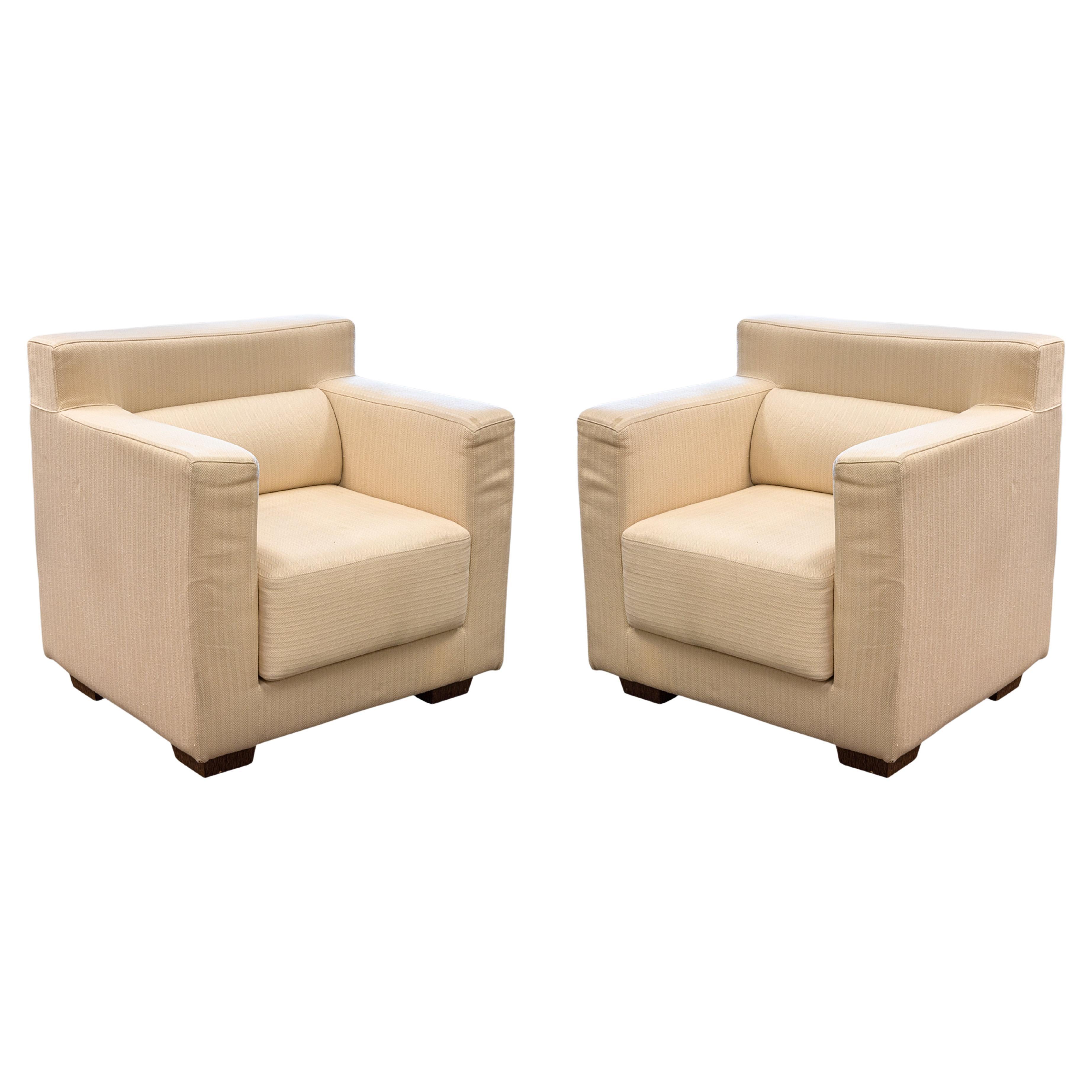Pair of Contemporary Cream Cube Club Accent Chairs with Wood Legs