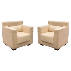 Pair of Contemporary Cream Cube Club Accent Chairs with Wood Legs
