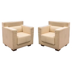 Pair of Contemporary Cream Cube Club Accent Chairs with Wood Legs