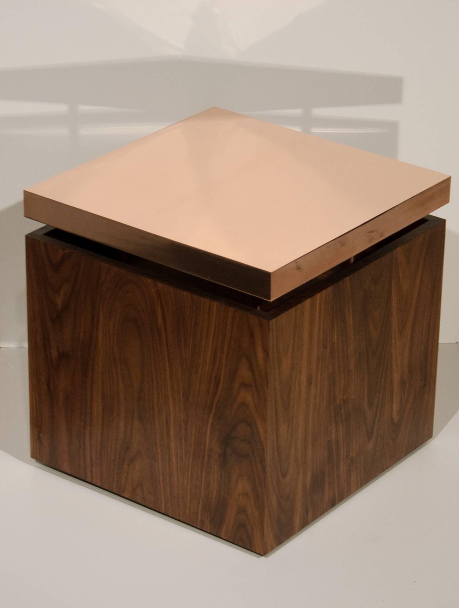 Plated Pair of Contemporary Cube End Tables in Copper and Walnut by Brant Ritter For Sale