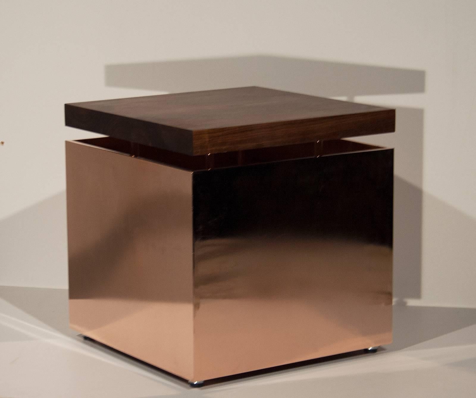 Pair of Contemporary Cube End Tables in Copper and Walnut by Brant Ritter For Sale 1