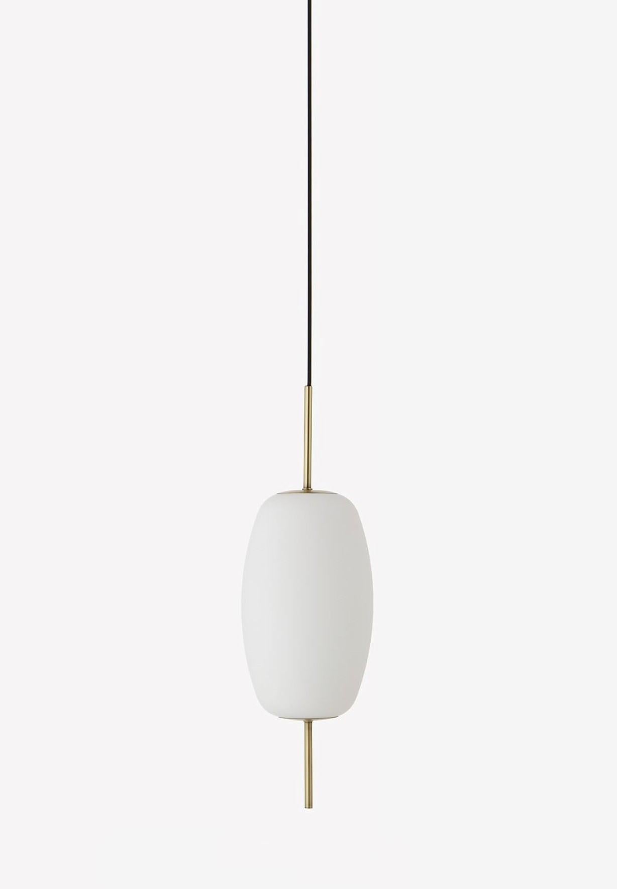 Modern Pair of Contemporary Danish Design Satin Glass Brass Light Pendants, Denmark For Sale