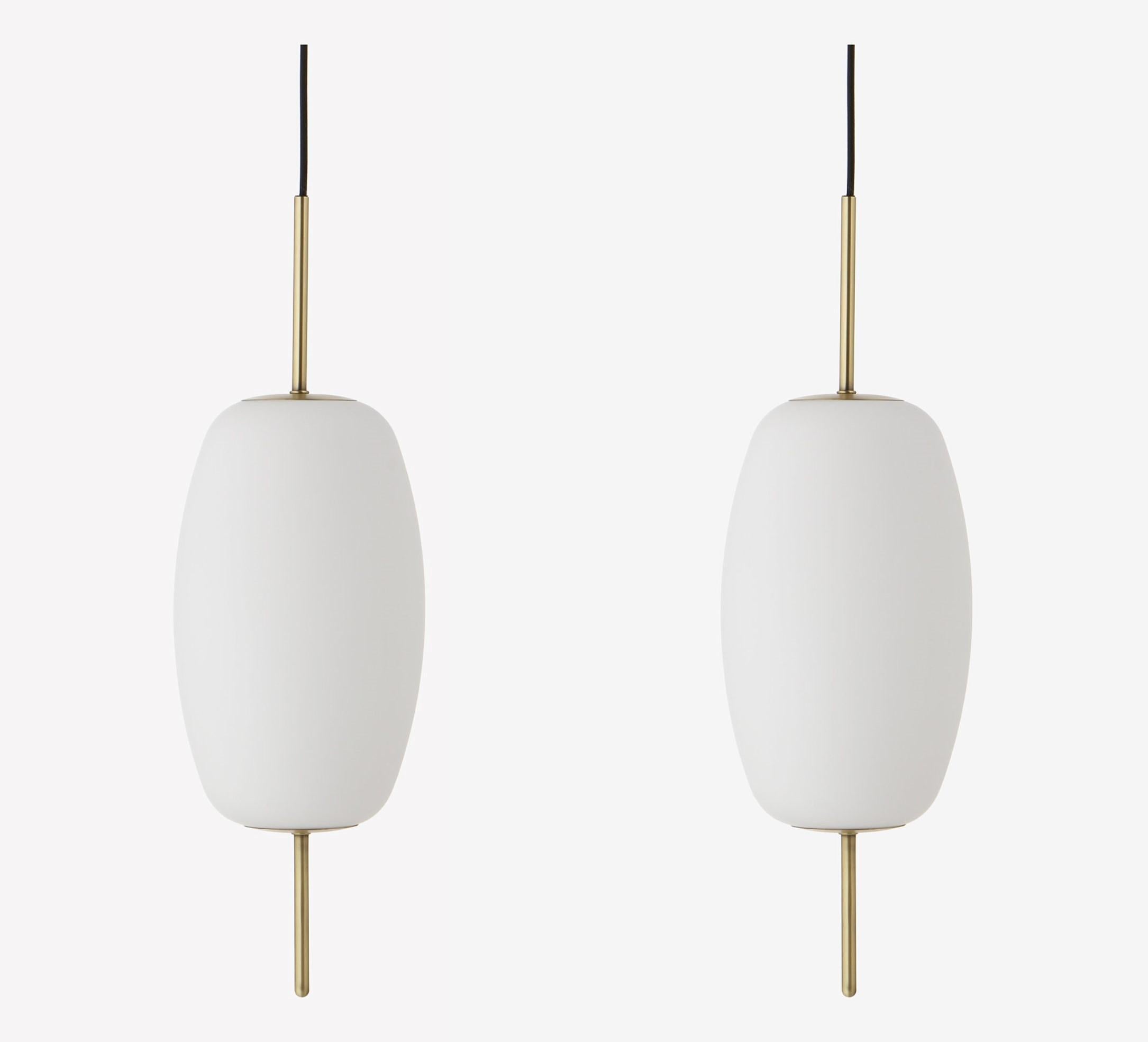 Brushed Pair of Contemporary Danish Design Satin Glass Brass Light Pendants, Denmark For Sale