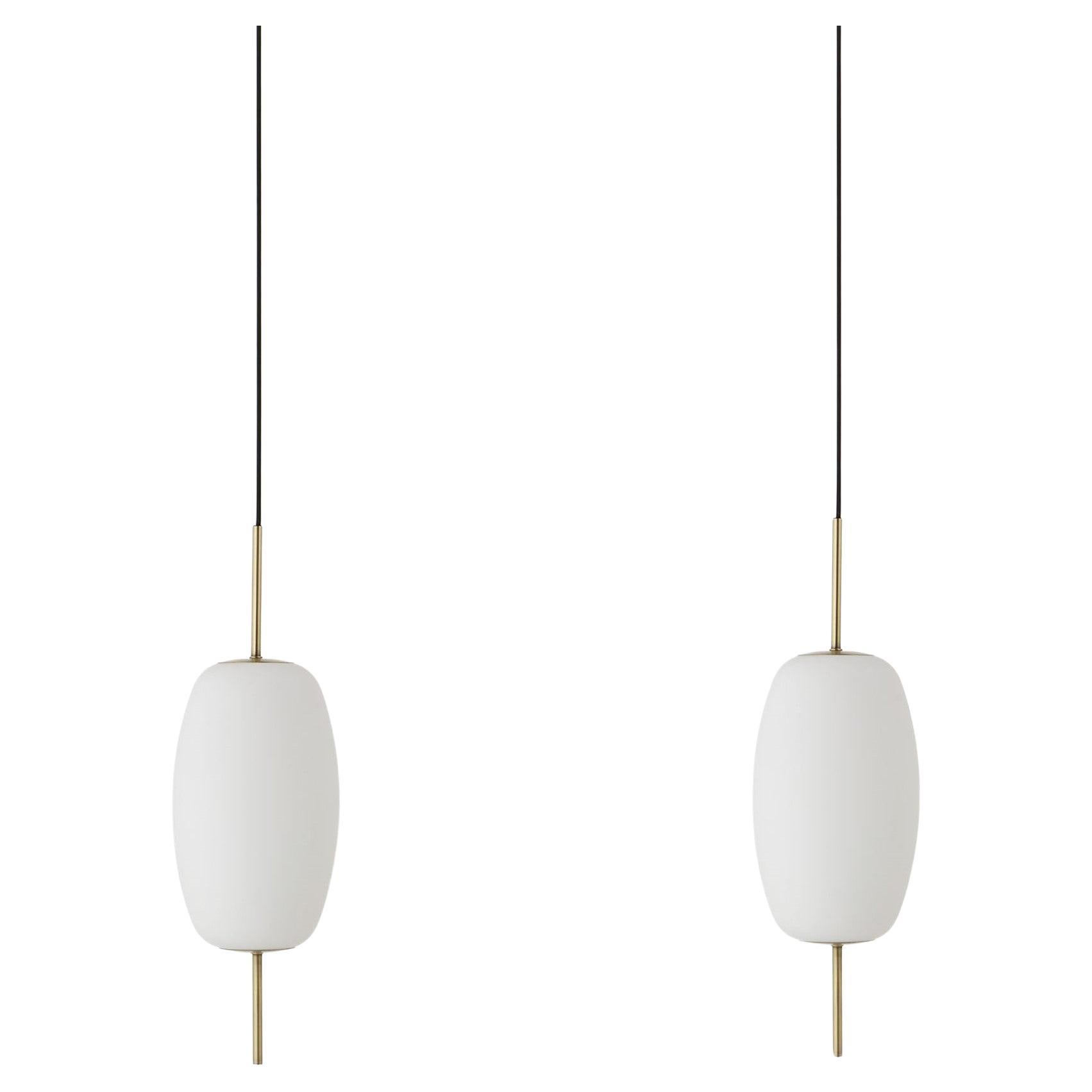 Pair of Contemporary Danish Design Satin Glass Brass Light Pendants, Denmark For Sale