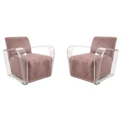 Pair of Contemporary Dark Gray Suede and Lucite Lounge / Armchairs