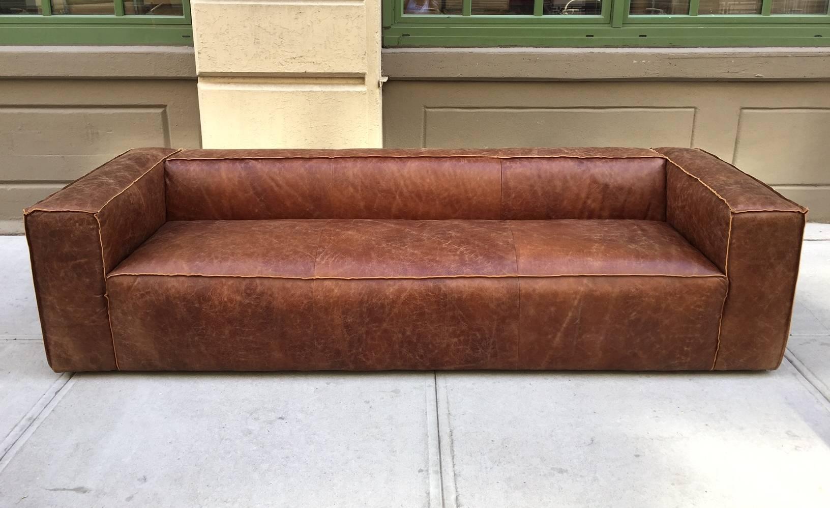 Contemporary Distressed Leather Sofa For Sale