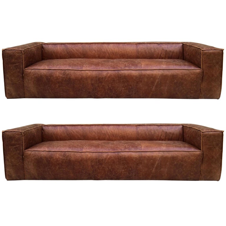 Two Contemporary Distressed Leather, 9 Foot Leather Sofa
