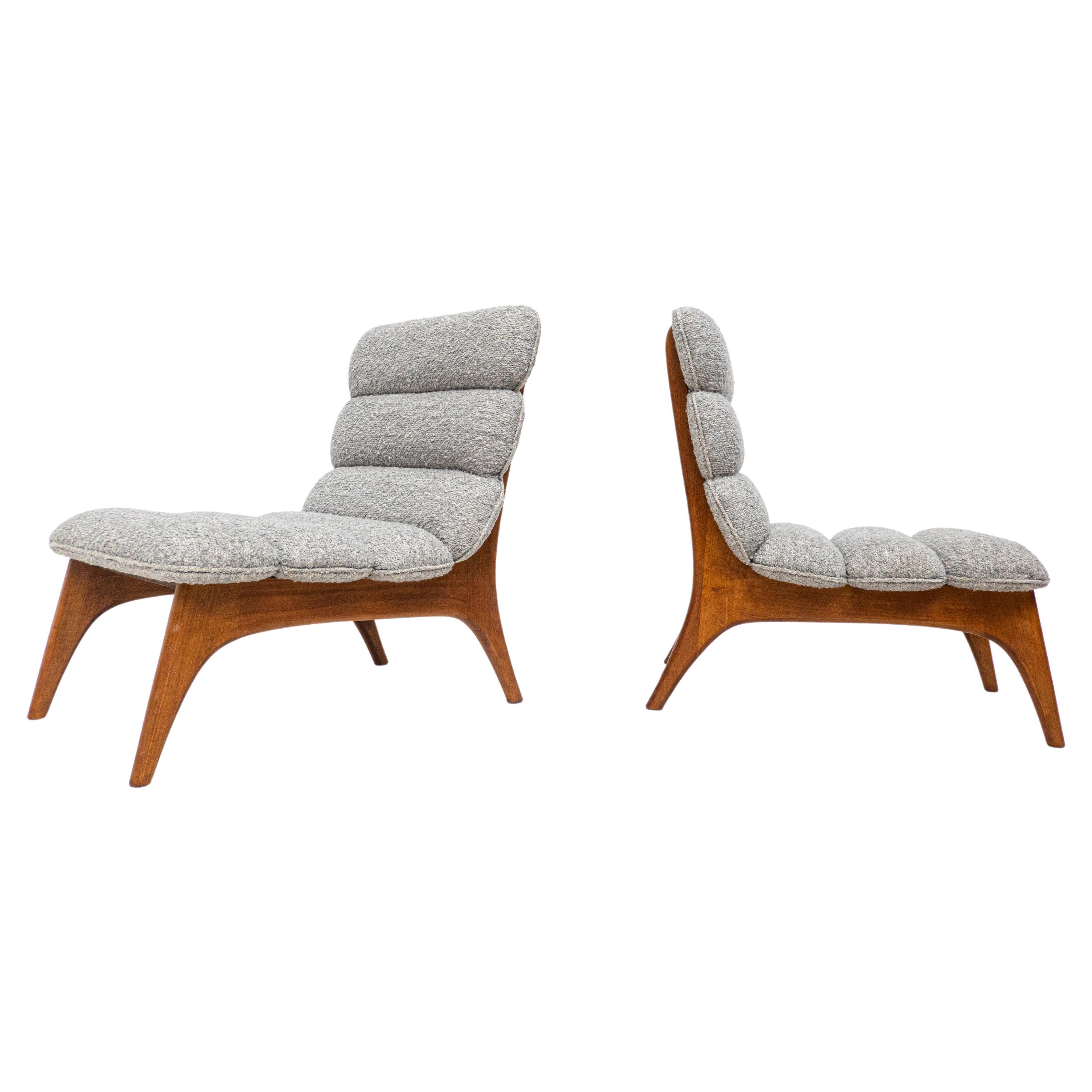 Pair of Contemporary Easy Chairs, Wood and Fabric, Italy