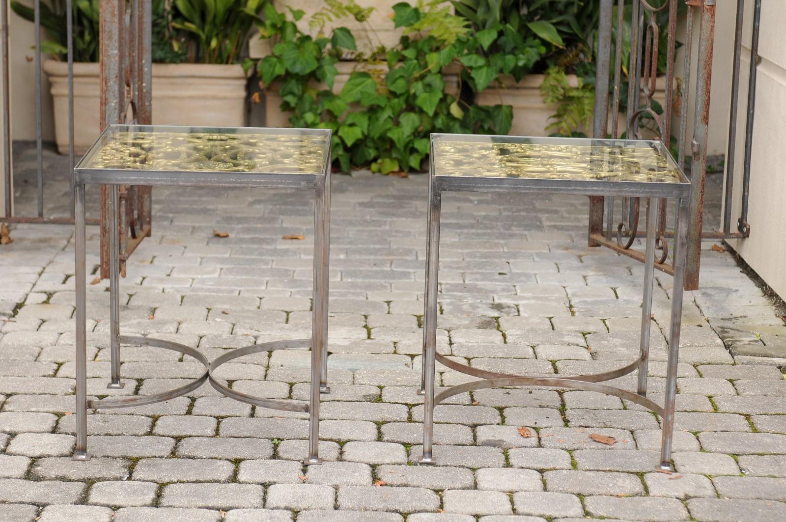 Pair of Contemporary End Tables Made of English 19th Century Brass Fire Screens For Sale 1
