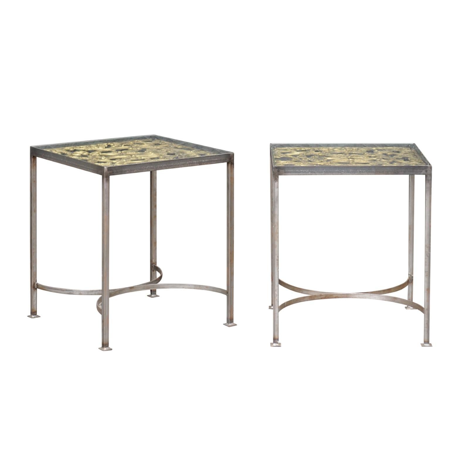 Pair of Contemporary End Tables Made of English 19th Century Brass Fire Screens For Sale