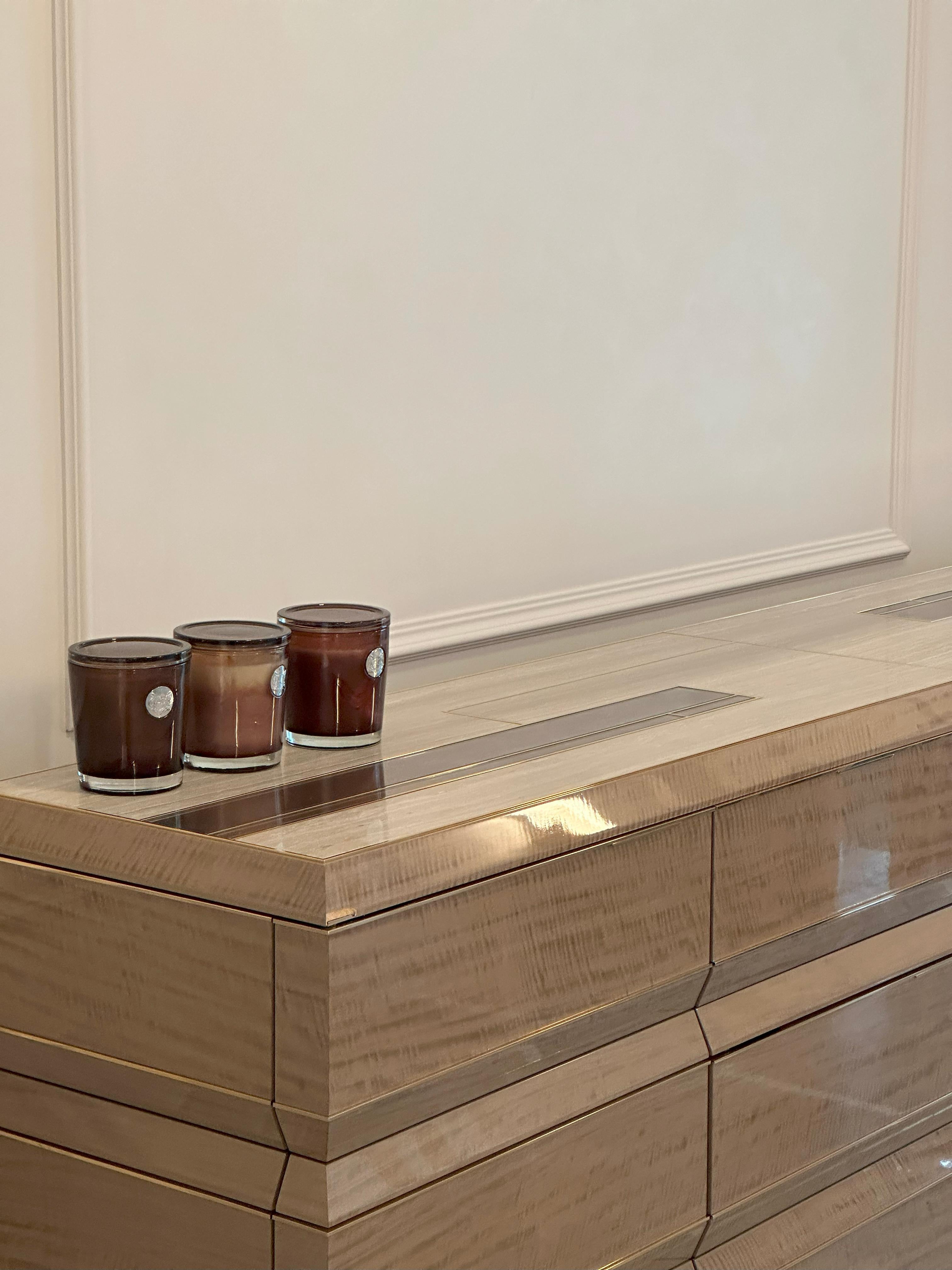 Pair of Contemporary Exotic Wood Shoe Cabinets with Marble Top, Brass Detail For Sale 3