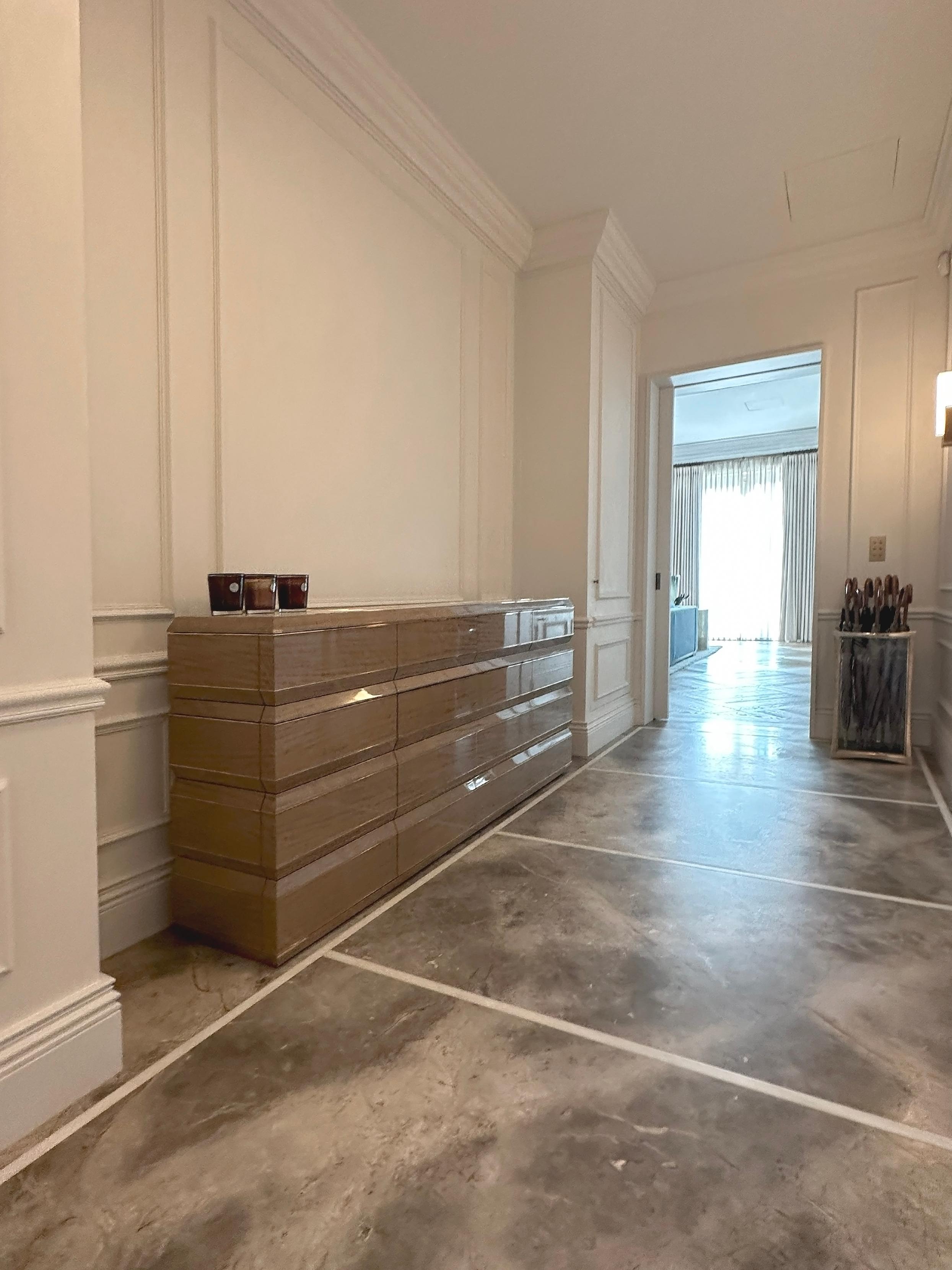 Pair of Contemporary Exotic Wood Shoe Cabinets with Marble Top, Brass Detail For Sale 5