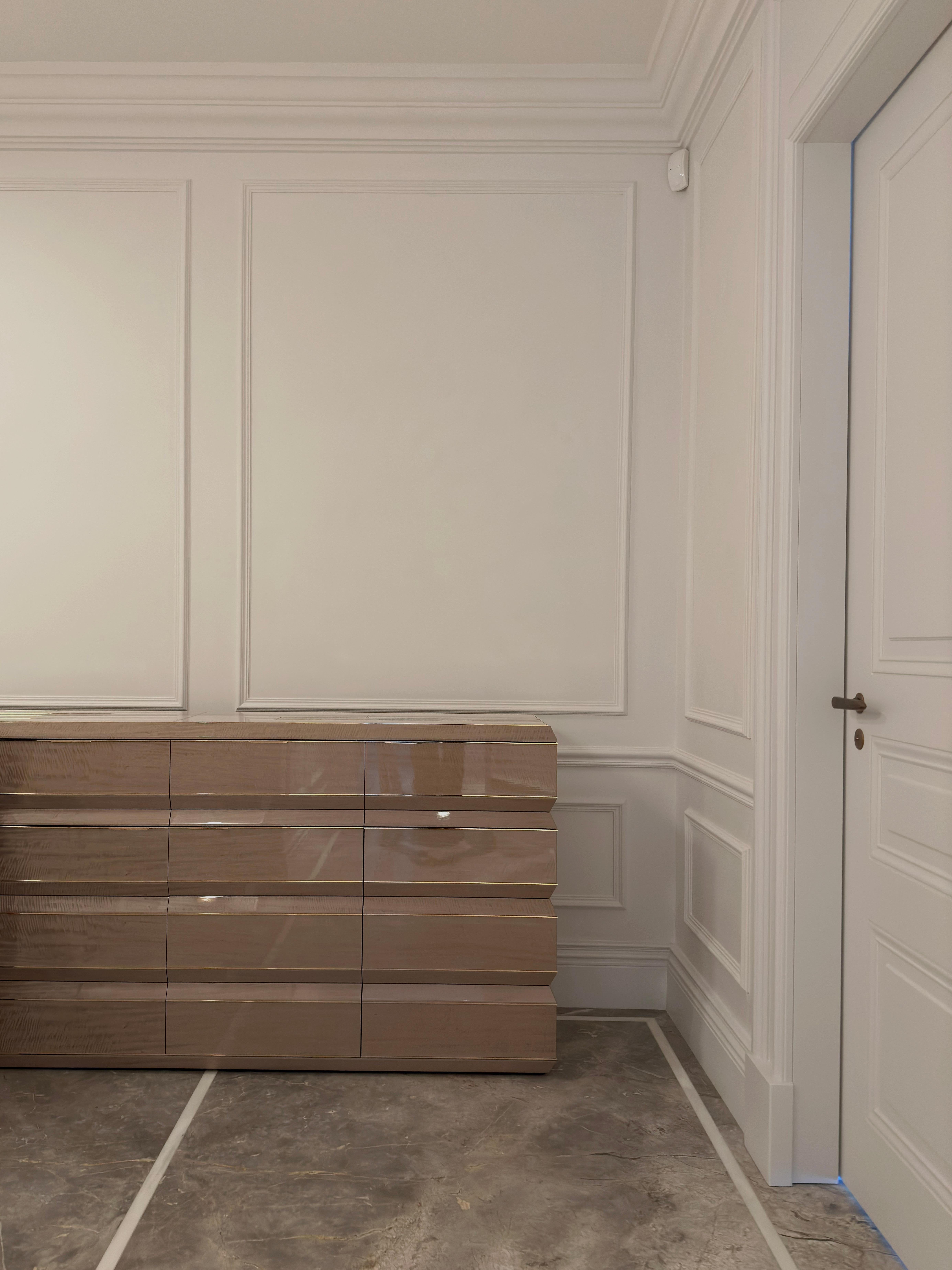 Art Deco Pair of Contemporary Exotic Wood Shoe Cabinets with Marble Top, Brass Detail For Sale